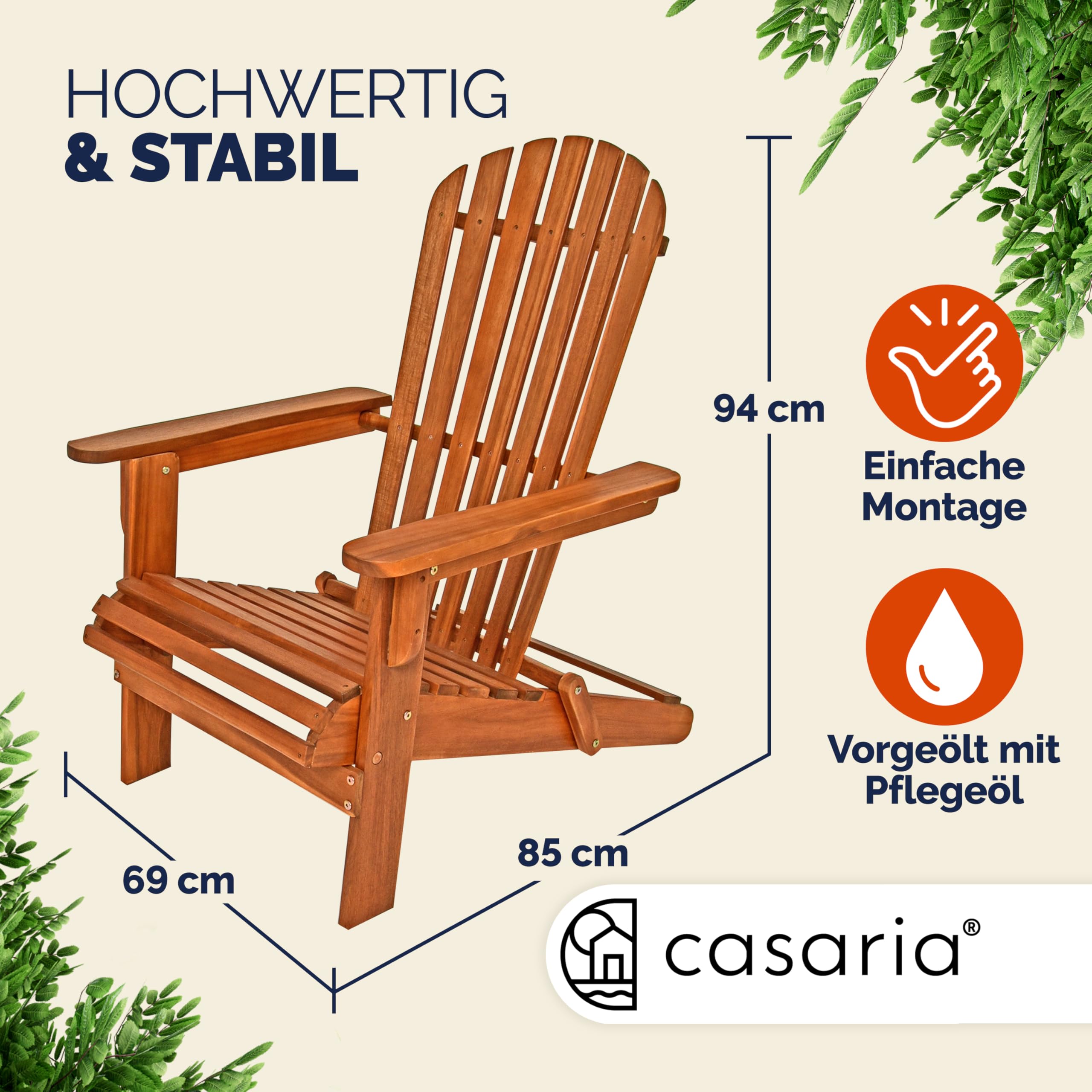 Casaria Adirondack Acacia Bois Max 160kg Résistant aux intempéries Pliable Accoudoirs Chaise Longue Balcon 84x69x94cm Chaise en Bois Ergonomique