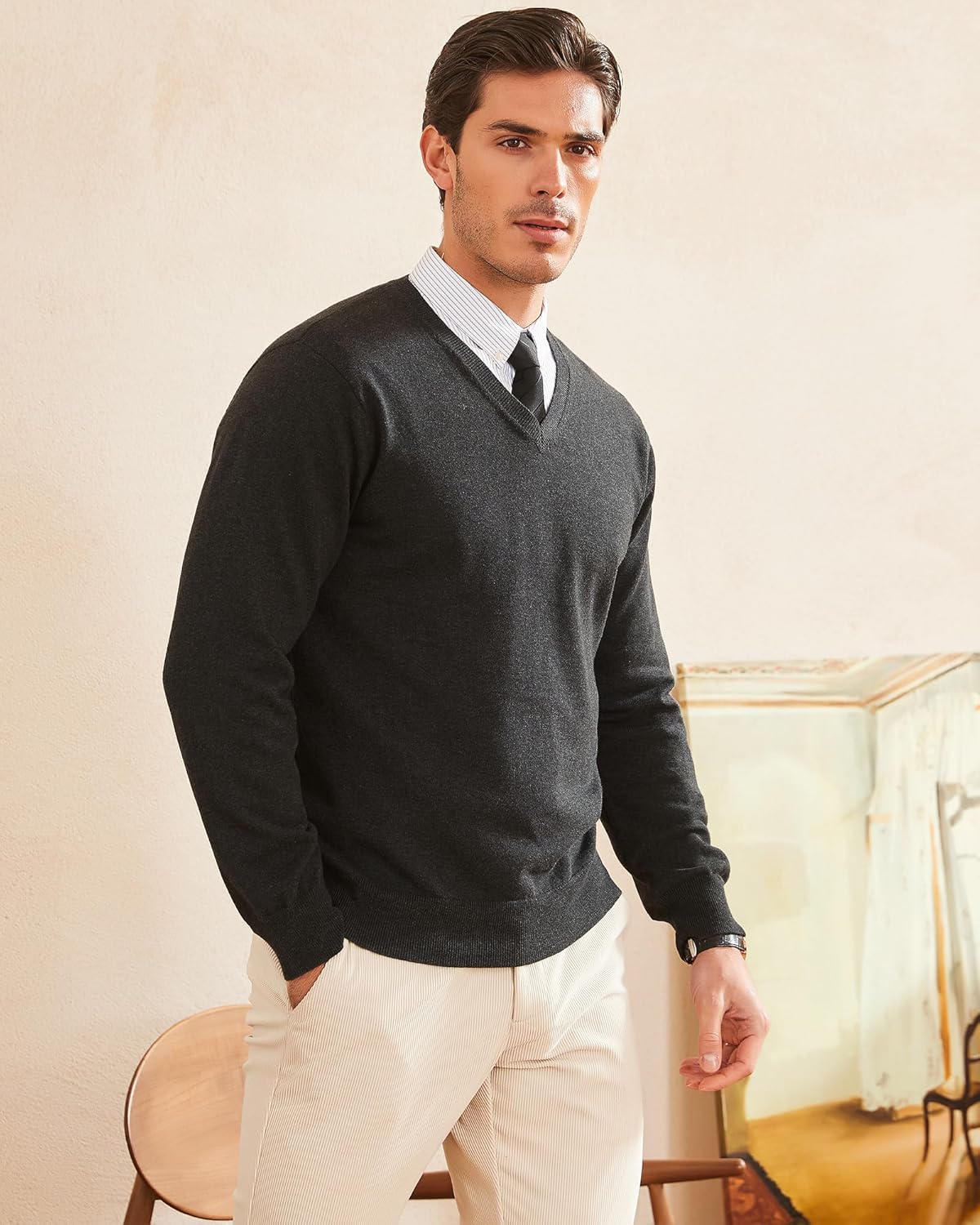 Kallspin Men's V Neck Sweater Pullover Regular Fit Pure Cotton Long Sleeve Lightweight Knit Casual Smart Layering - Image 6