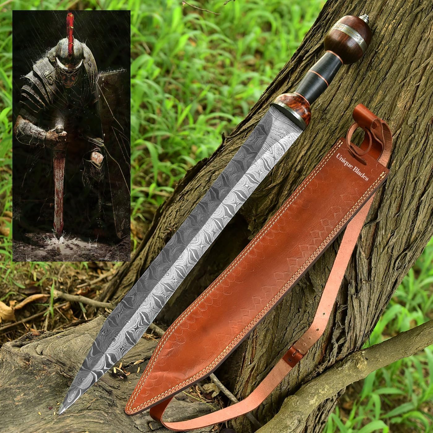 Roman Gladius Sword, 27-in Gladiator Replica Sword with Damascus Steel Full Tang Blade and Sheath for Medieval and Viking Cosplay