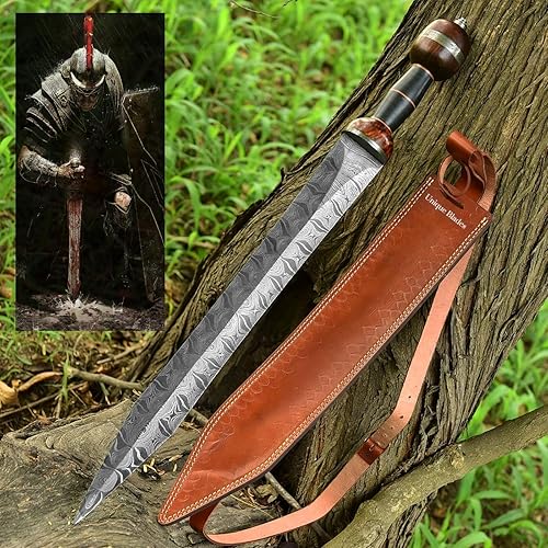 Espada de Gladius romana, réplica de espada de gladiador de 27 pulgadas con hoja de espiga completa de acero de Damasco y funda para cosplay