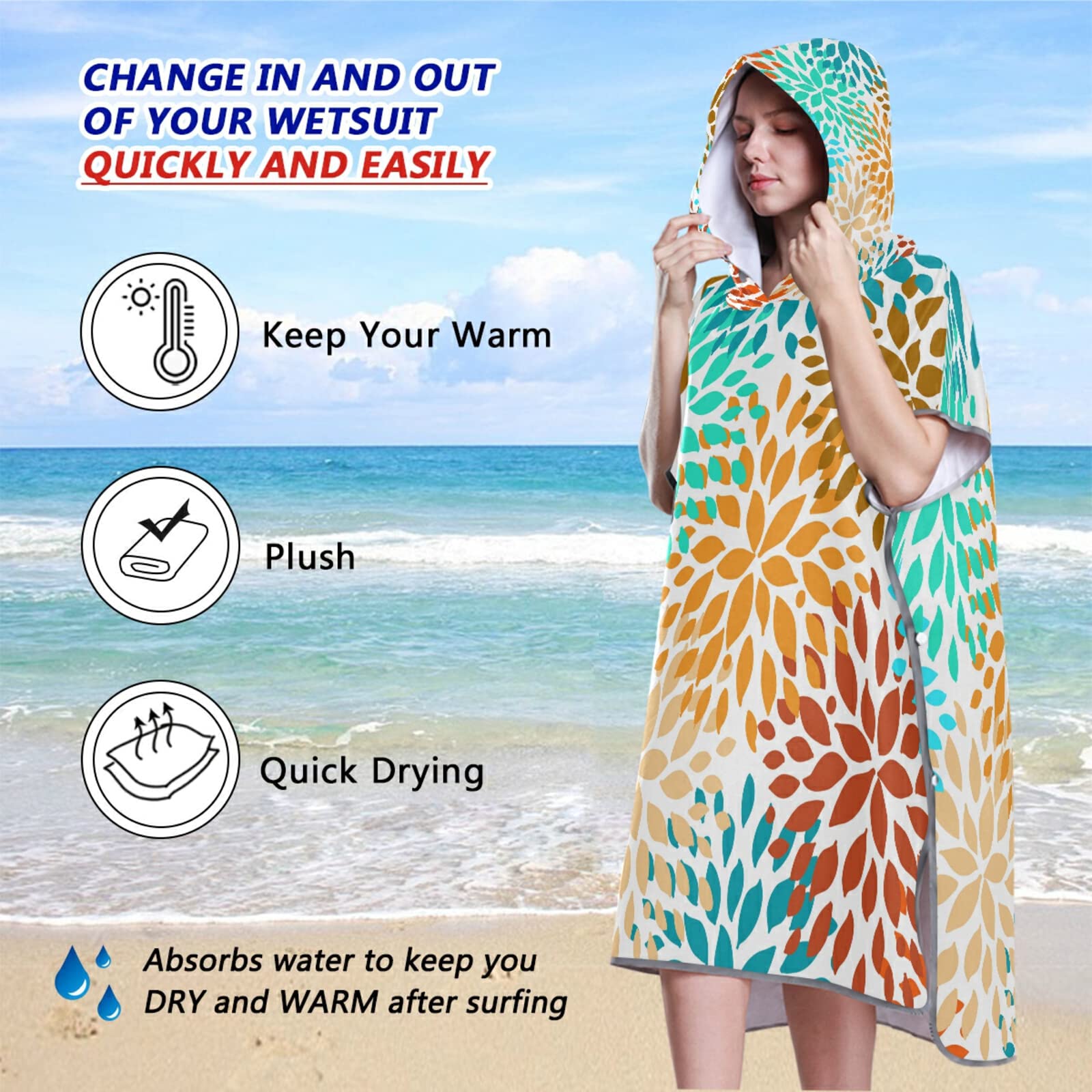 Surf-Poncho für Erwachsene, nahtlos, von Hand gezeichnet, für Frühling oder Sommer, mit Kapuze und Tasche, schnell trocknend, Mikrofaser-Handtuch für Badezimmer, Strand im Freien