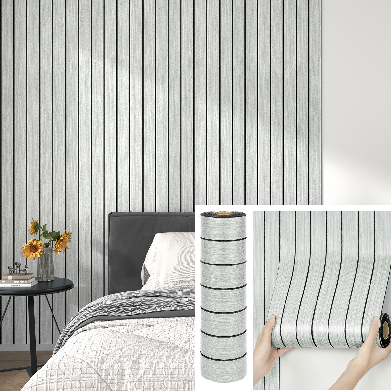 Panneaux Muraux 3D Autocollants En Vinyle Effet Bois Gris Et Blanc Pour Salon Cuisine Panneau Mural Adhesif Decoratif PVC Salle De Bain Panneau Mousse Acoustique Bois 30cm×300cm