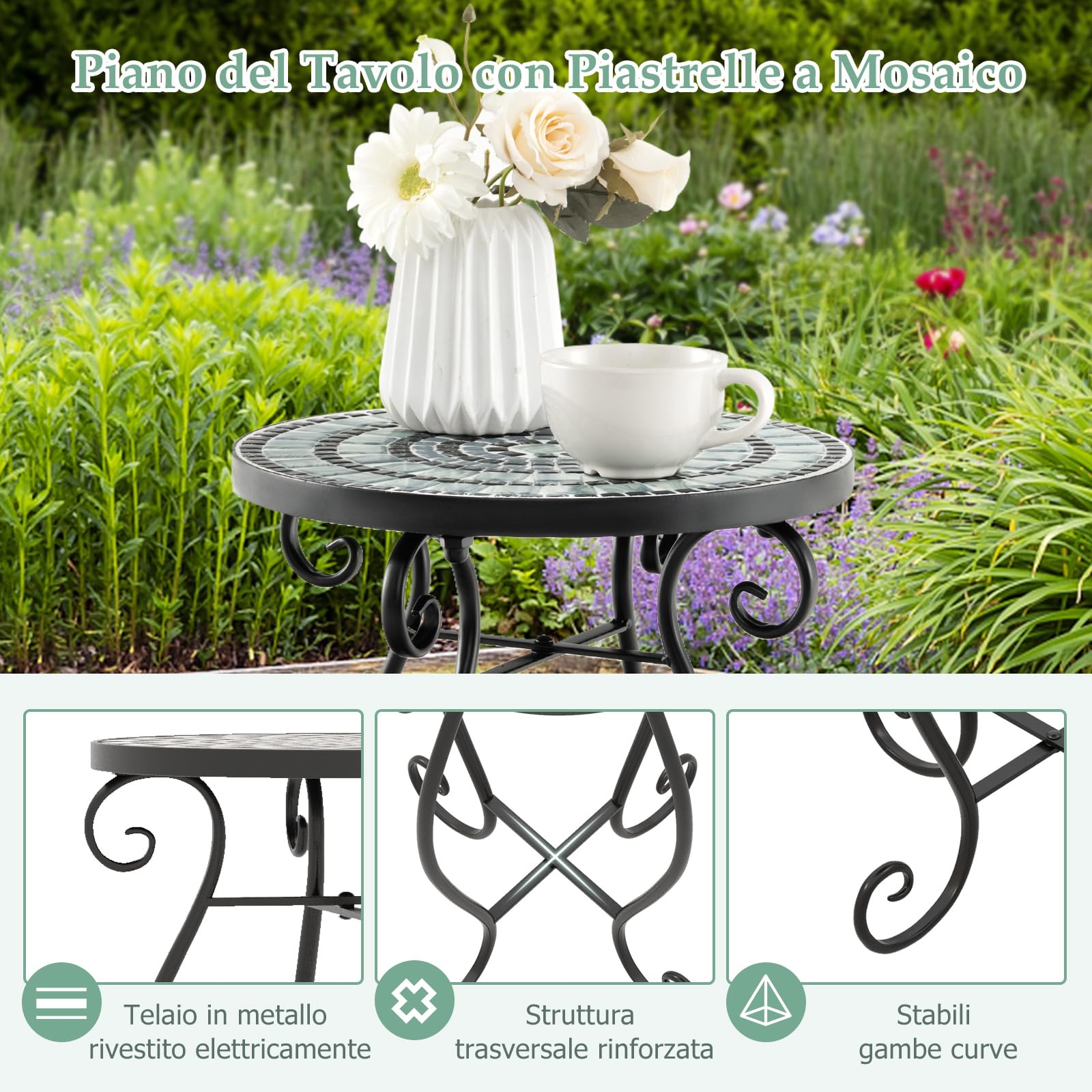 GYMAX Tavolino da Esterno ∅30 x 50 cm Mosaico, in Metallo, Rotondo,Ideale per Giardino, Balcone, Cortile e Bar (Stile 3)