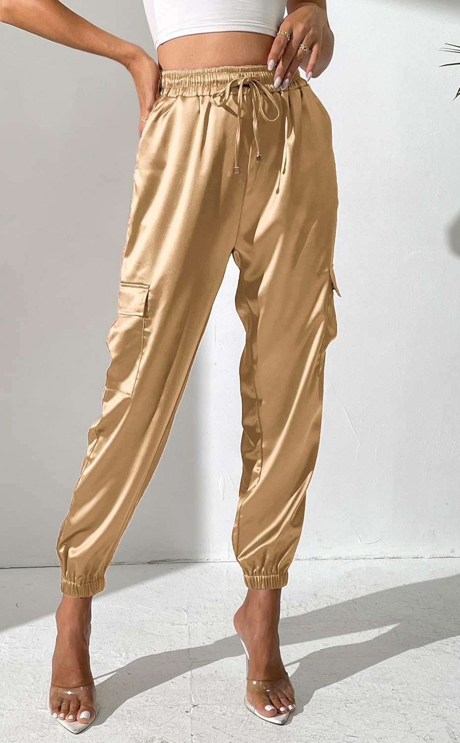 Women's Satin Cargo Joggers Pants Dressy Casual Silky Elastic High Waist Trousers - Image 3