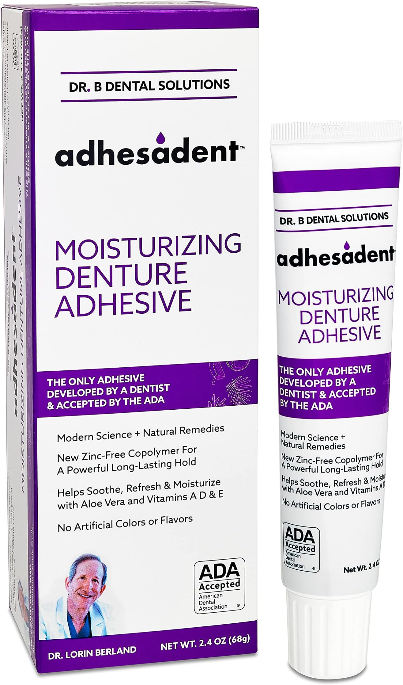 Adhesadent Moisturizing Denture Adhesive - Secure Denture Glue with Strong Grip & Natural Taste - Zinc-Free Dental Adhesive for Dentures, Overdentures - 2.4 oz