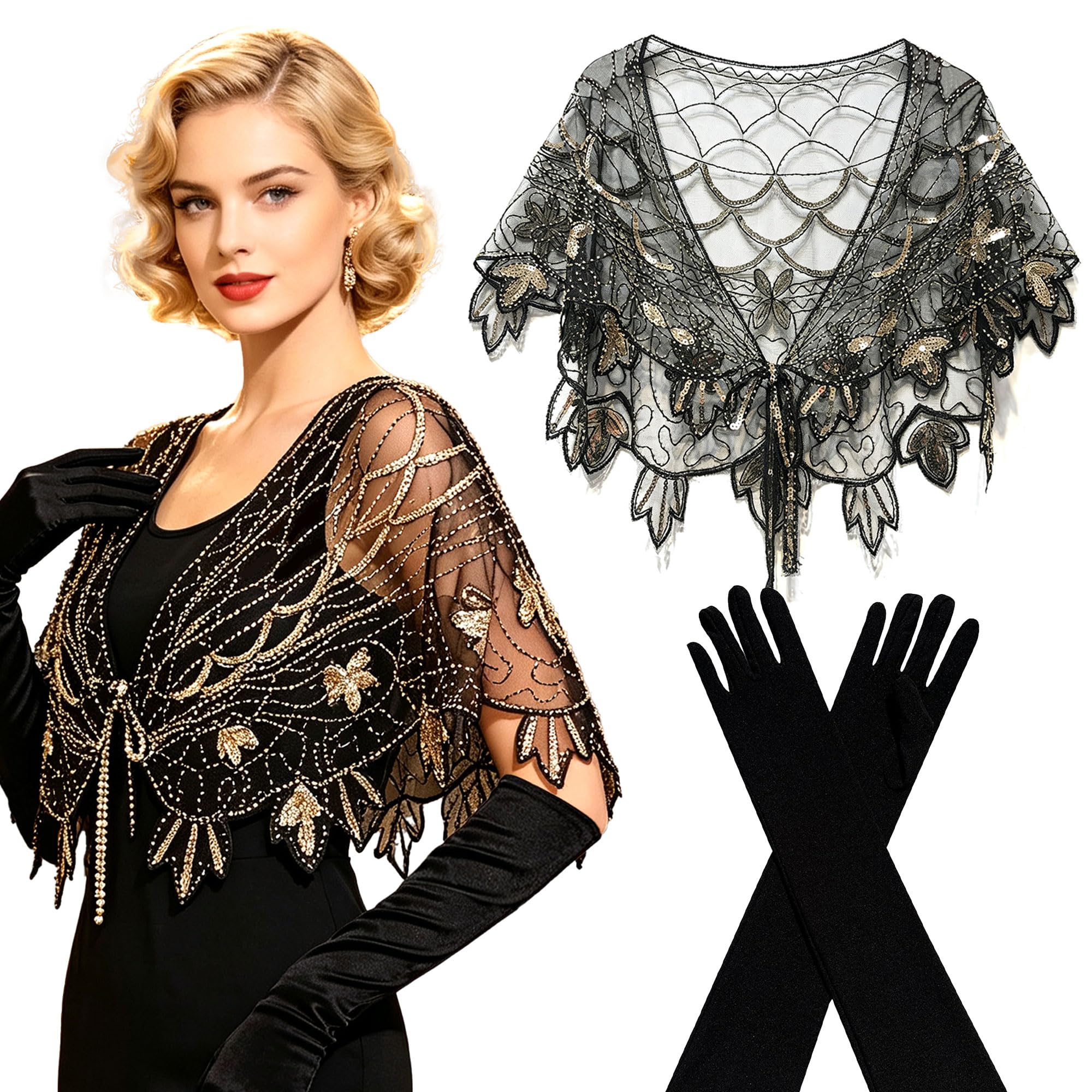 LaVenty Luxurious 1920s Shawl Wraps Long Silk Gloves