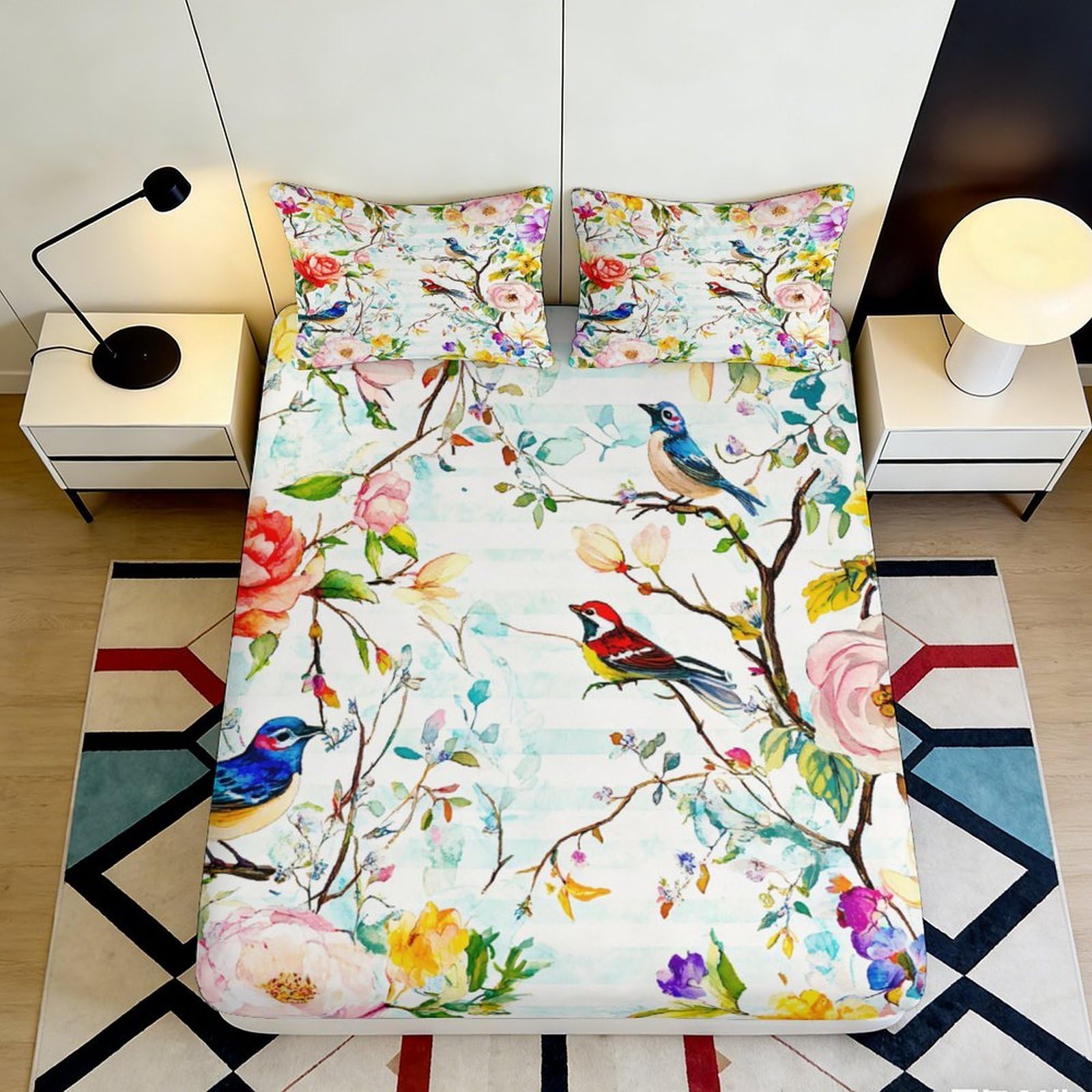 3D Printed Floral Birds Fitted Sheet Microfiber Soft Pastel Branches Bed Cover for Bedroom Guest Room Decor 90x200x25cm