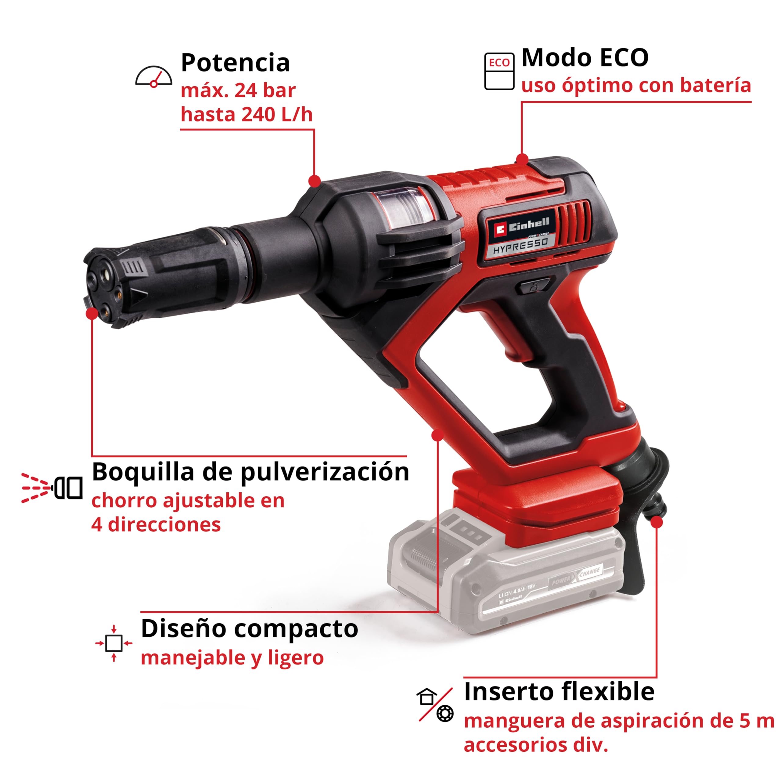 Einhell Pistola limpiadora a presión con batería HYPRESSO 18/24.1 Power X-Change (18 V, 24 Bar, Limpieza y riego móviles, 240 L/h, Incl. Accesorios, sin batería ni Cargador)