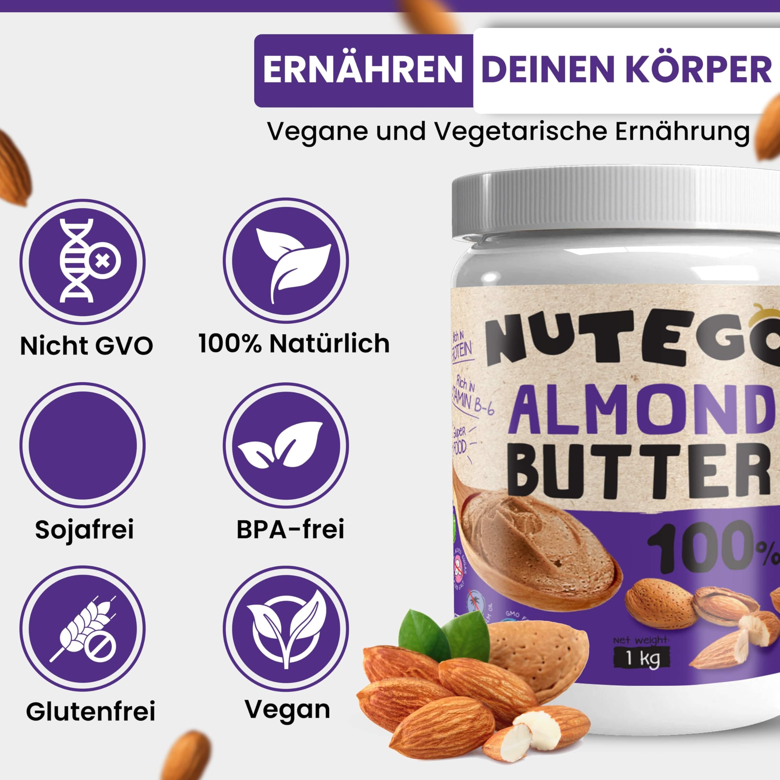 Nutego 100% Cremige Mandelmus 1 KG – Mandelbutter Ohne Zusätze, Salz, Zucker & Palmfett – Vegan, Laktosefrei, Gentechnikfrei