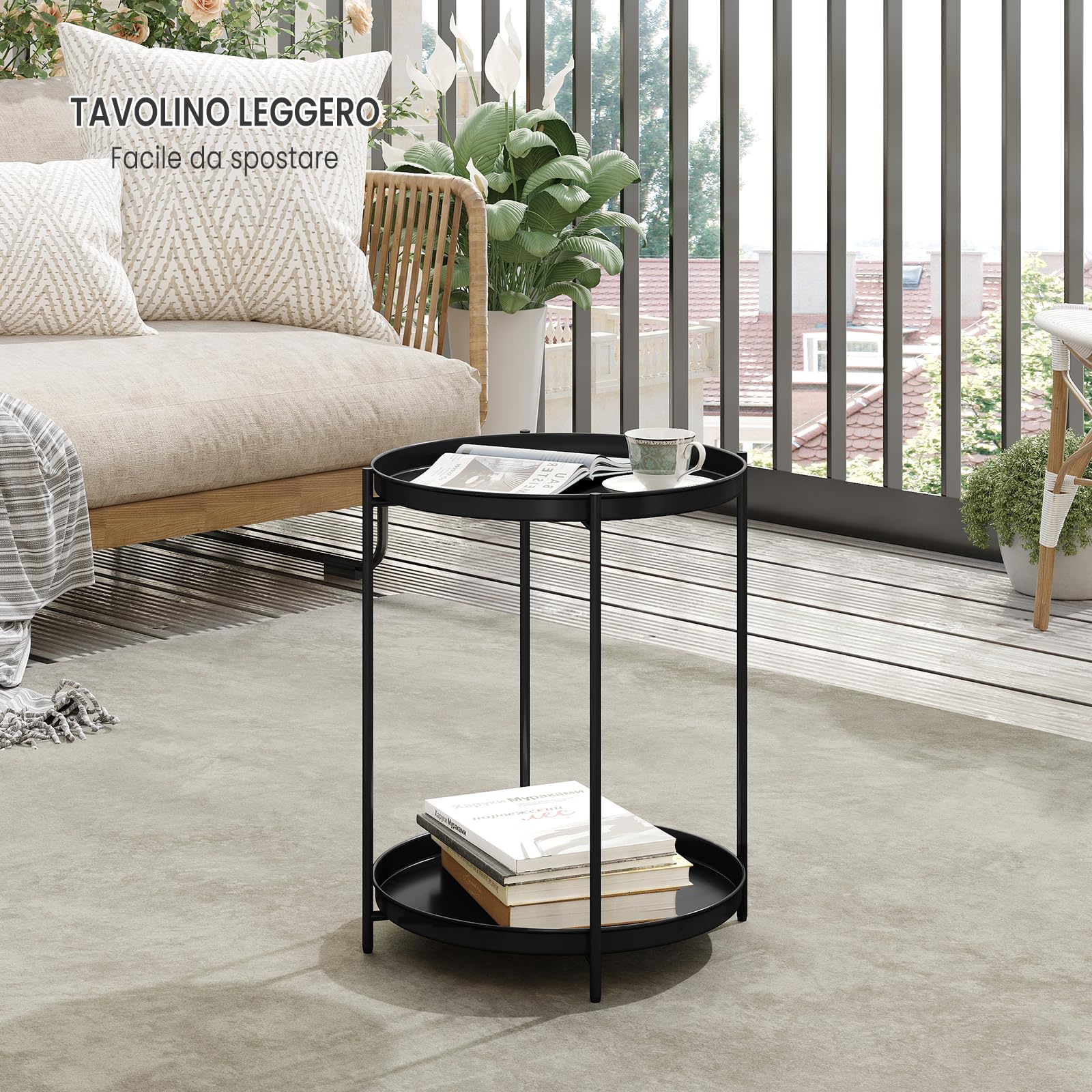 Tavolino Rotondo WOLTU 2 Ripiani – Rovere Chiaro, Struttura In Metallo, Per Soggiorno E Balcone