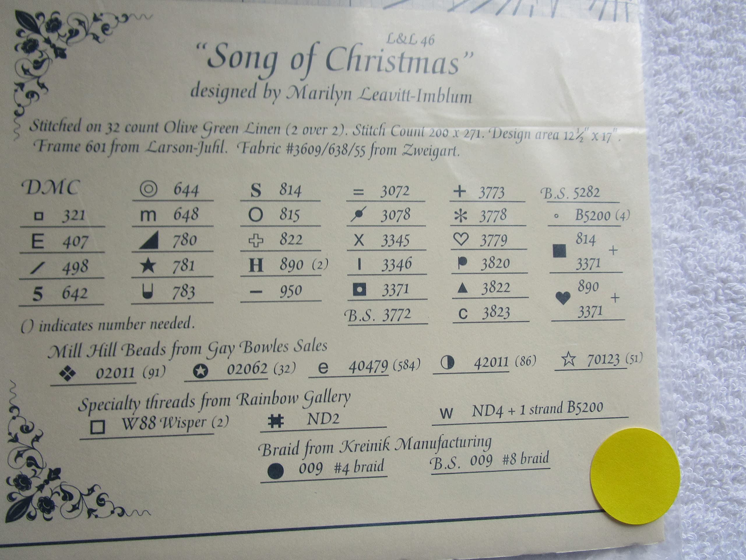 Lavender & Lace Counted Cross Stitch Chart Pattern ~ Song of ChristmasQ