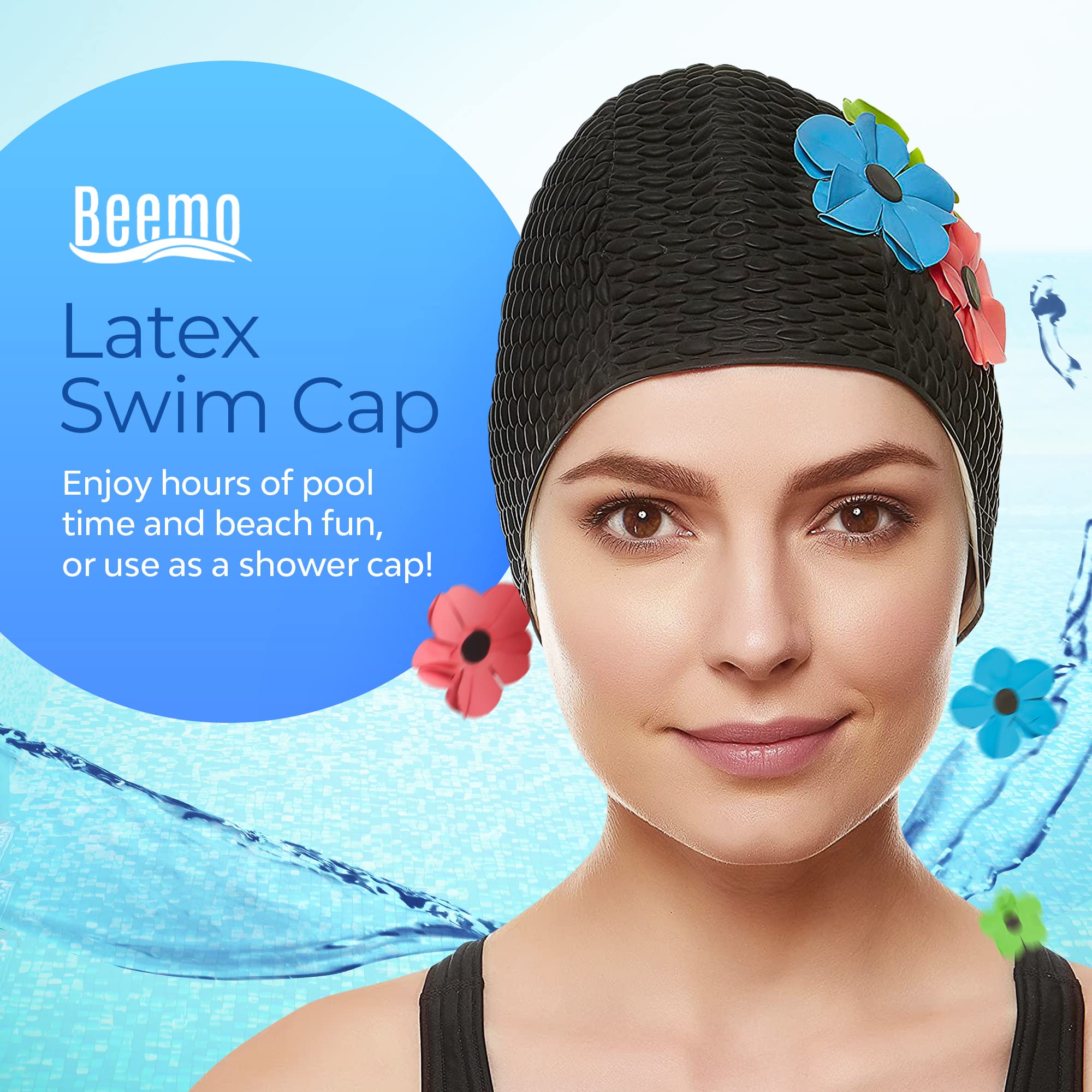 BEEMO Latex Swimming Cap for Women, Swim Cap for Long Hair or Short Hair, Bath & Swim Caps to Shield Hair from Damage, Use as Large Shower Cap, Black Swimming Cap with Pink, Green & Blue Flowers