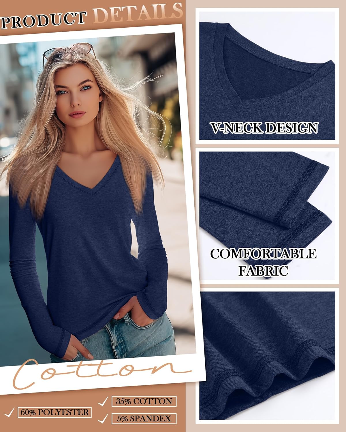 3 Pack Women's Long Sleeve T Shirts Casual V Neck Tops Loose Fit Basic Tees Soft Fall Tee Shirts - Image 2