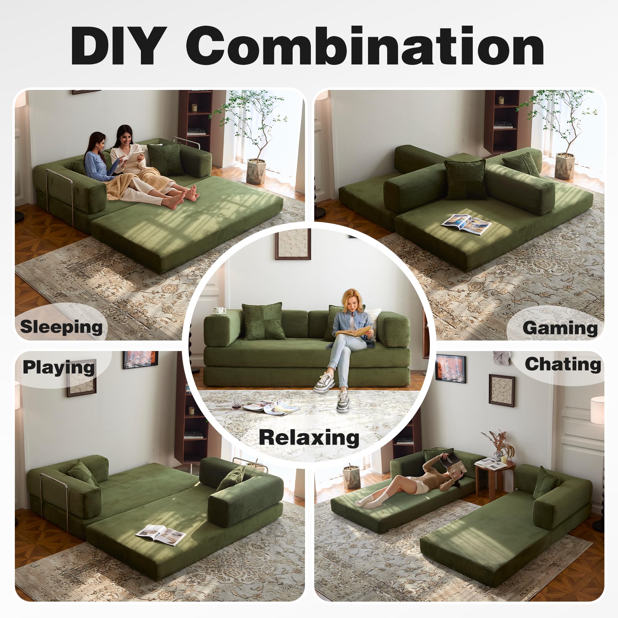 78.8" Convertible Sofa Bed - Compression Sofa with Corduroy Fabric - with Armrests and Backrest - Modular Sectional for Living Room, Bedroom, Studio - Compression Sofa in Box (Grey): 78.8IN Green