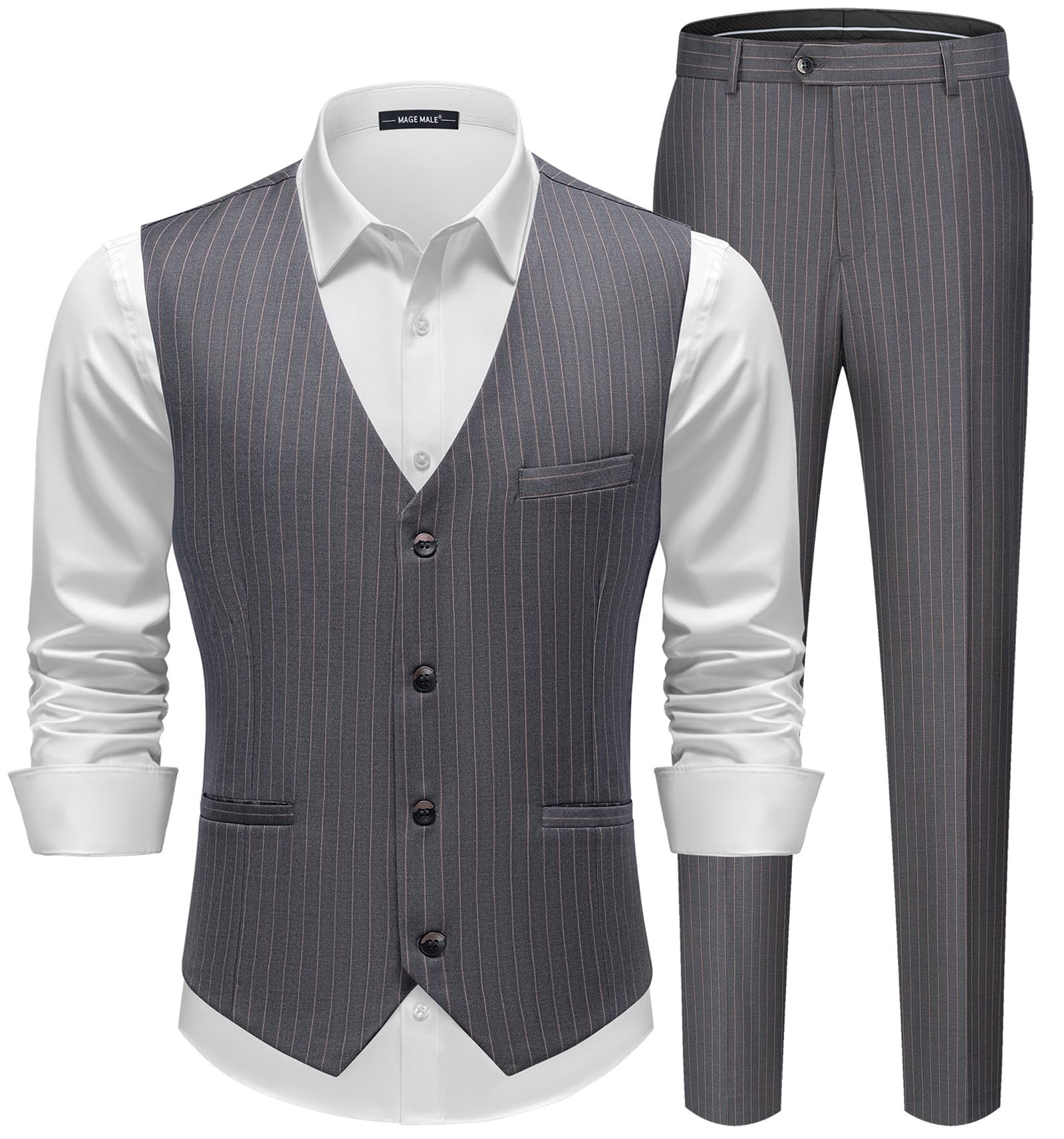 MAGE MALE Men's Pinstripe Suit 2 Piece Vest and Pants Set