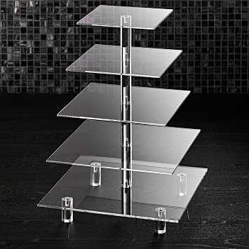 5 Tier Acrylic Cupcake Stand, Extra Thick 5mm Base, Large Cupcake Tower, Multi Tiered Cake Stand Square Clear Holder for Dessert Table Display, Weddings, Birthday Party, Graduation, Pastry, Donut Tree