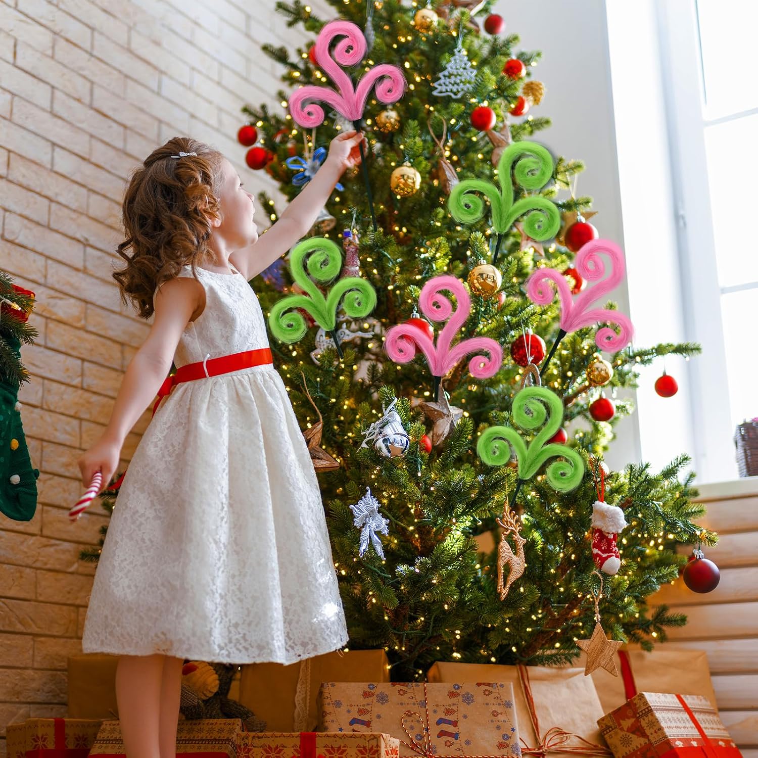 Pink Christmas Tree Picks, 6Pcs Pink and Green Christmas Decor Furry Tree Filler Branches,Spiral Curly Elf Christmas Tree Decorations Indoor Wreath Holiday Party Decor