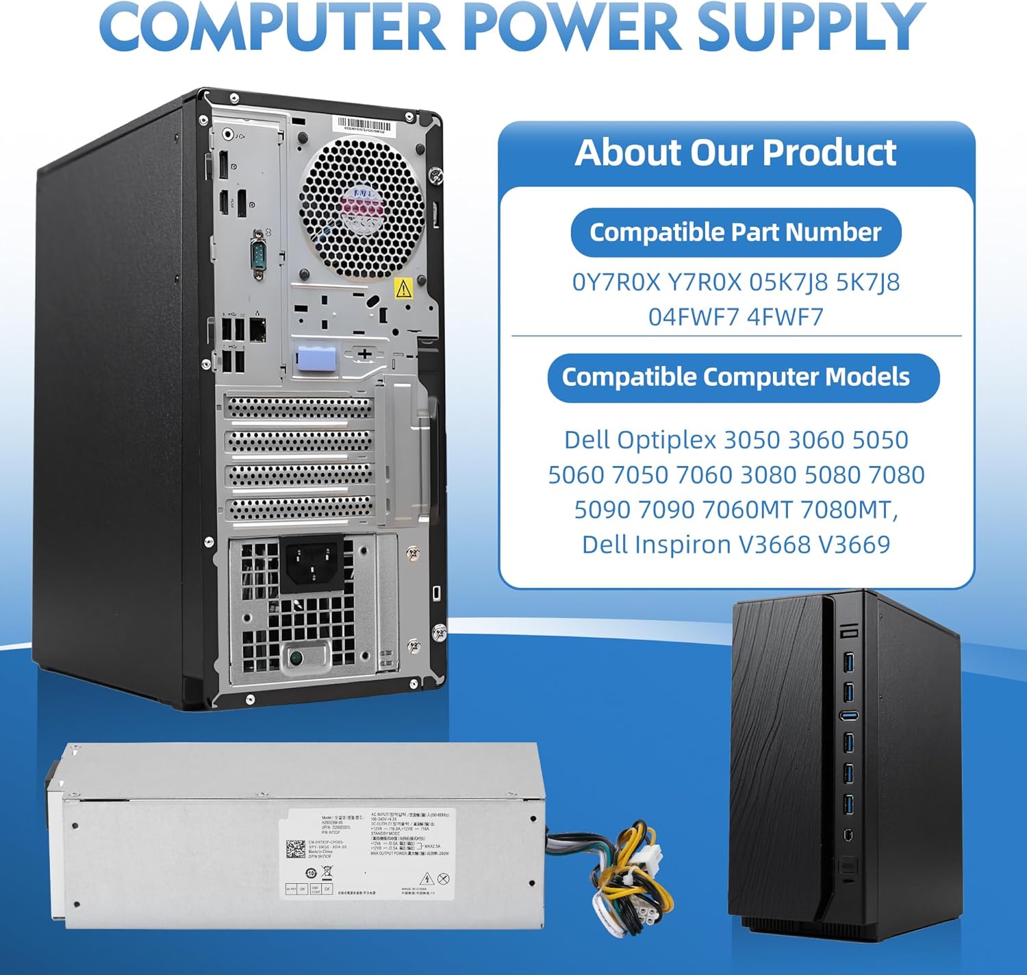 H260EBM-00 Y7R0X 260W Power Supply Compatible with Dell Optiplex 3050 3060 5050 5060 7050 7060 3080 5080 7080 5090 7090 7060 7080 MT, Inspiron V3668 V3669