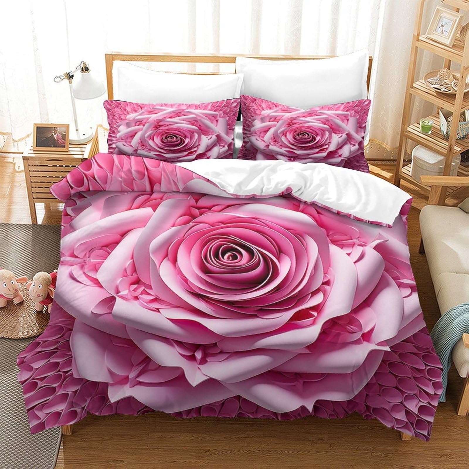 Housse de couette roses 3D anti-froissement en microfibre respirante contre les nuits agitées