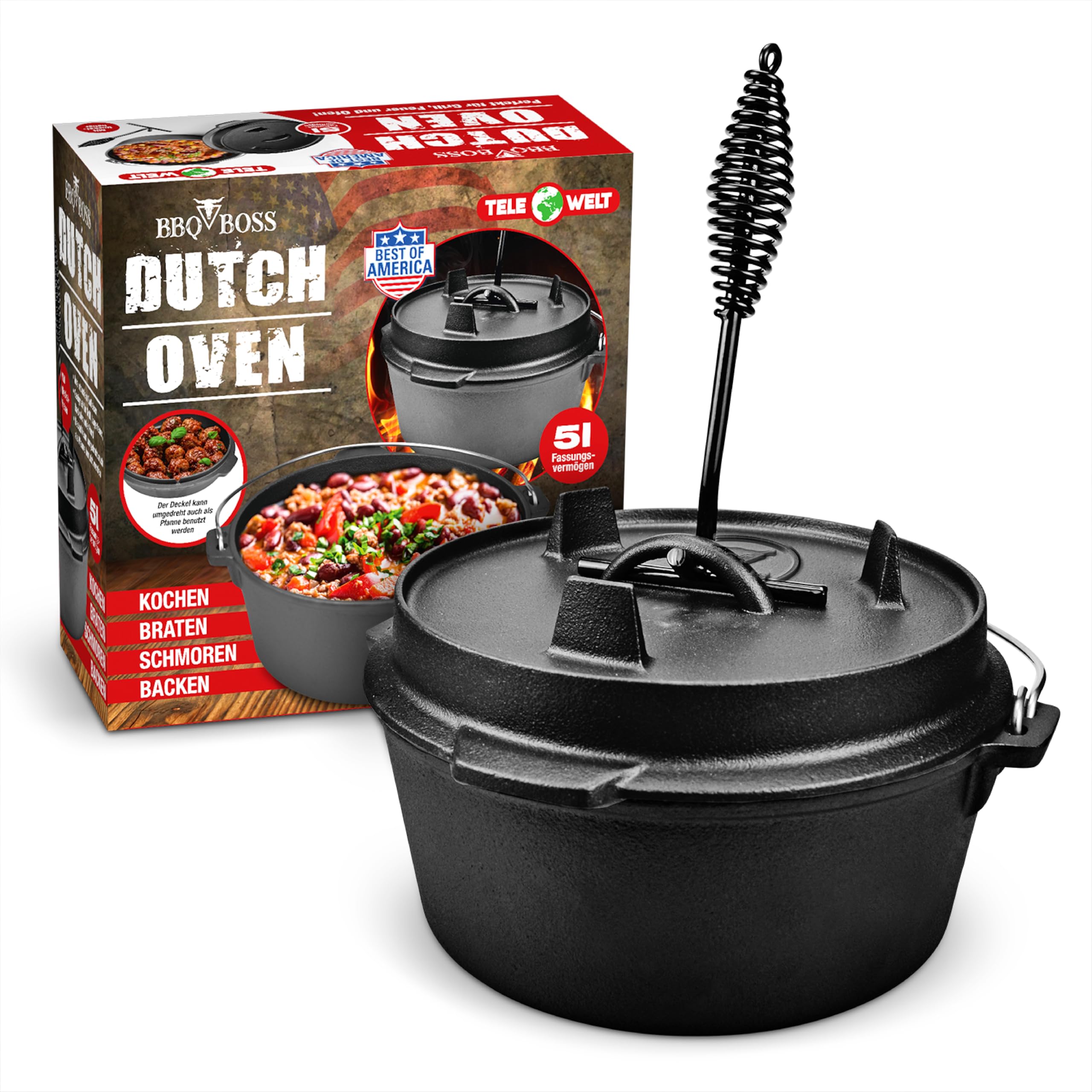 BBQ BOSS Dutch Oven [5L Capacità] Ghisa – Pentola – Cast Iron – Cast Iron – Casseruola – Bollitore per gulasch – Con coperchio