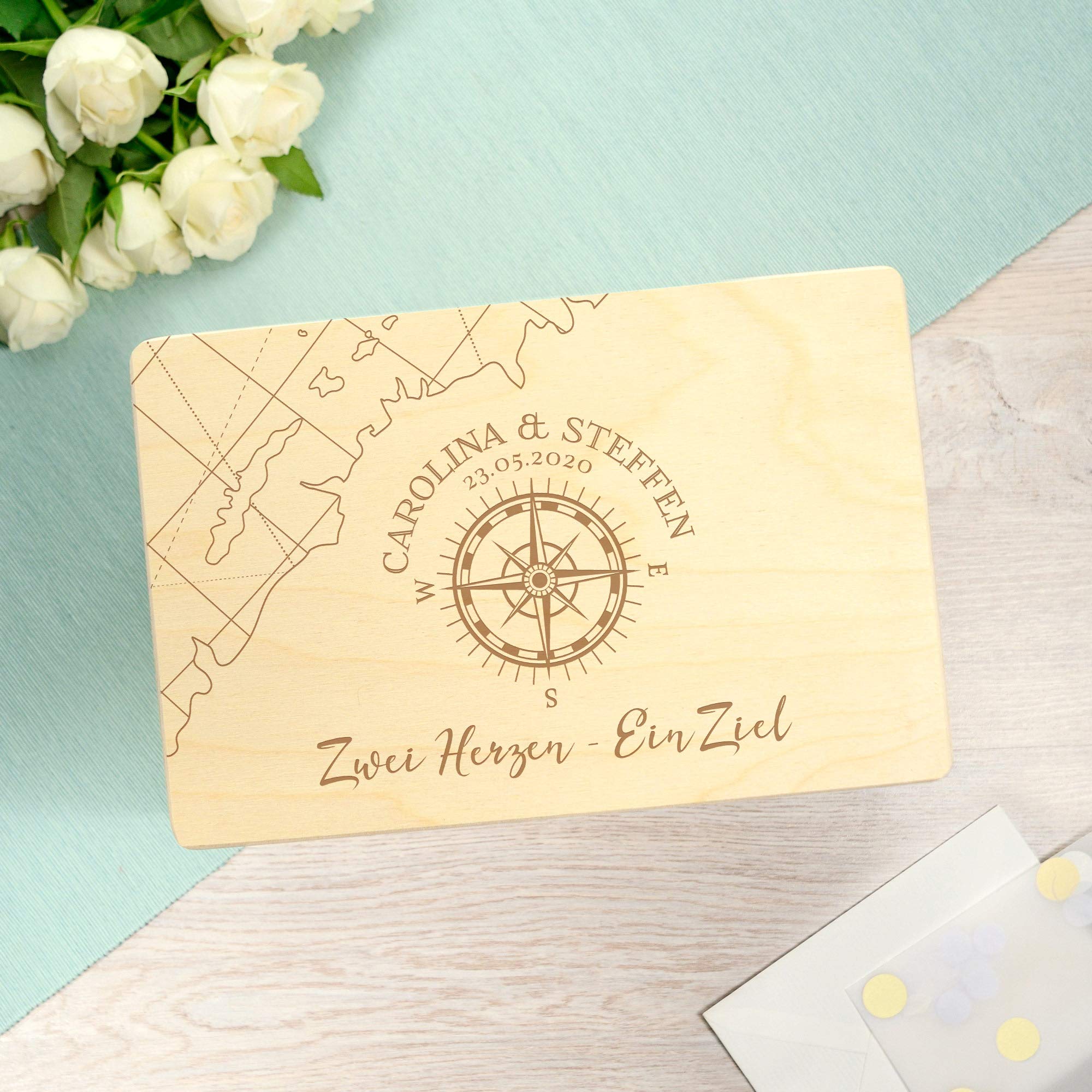Erinnerungsbox zur Hochzeit, Holzkiste mit Deckel, Hochzeitsgeschenke für Brautpaar, Erinnerungskiste mit Gravur, Personalisiert mit Namen und Datum, Kleine Geschenkbox, Holz Aufbewahrungsbox, Fotobox