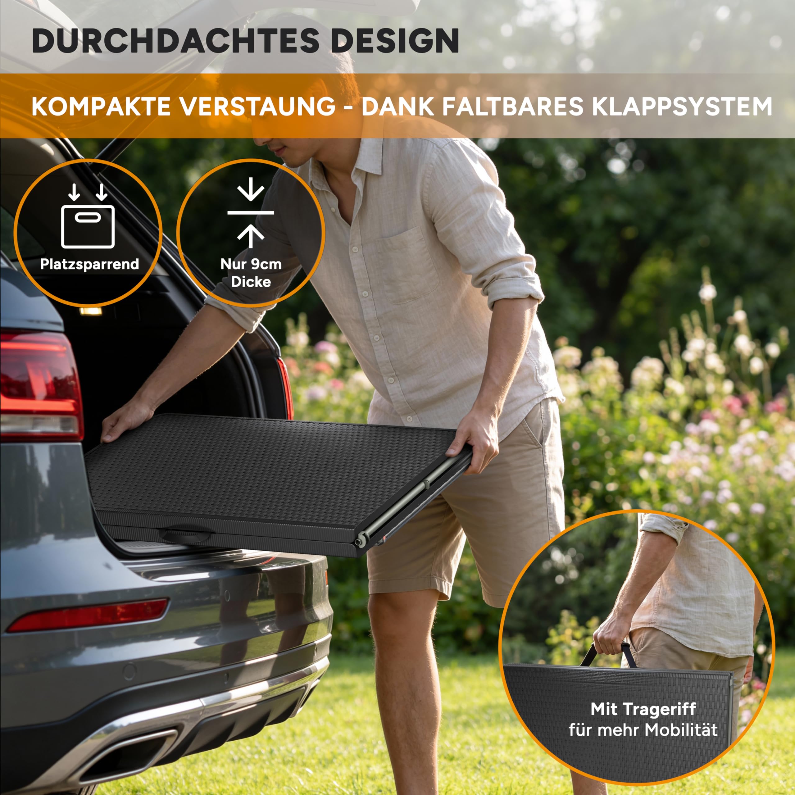 Bierzeltgarnitur Klappbar 3-teilig – Kunststoff Biertischgarnitur Tisch & 2 Bänke – Campingtisch, Festzeltgarnitur, Rattan-Optik, Wetterfest, Tragegriff, 500 kg je Bank