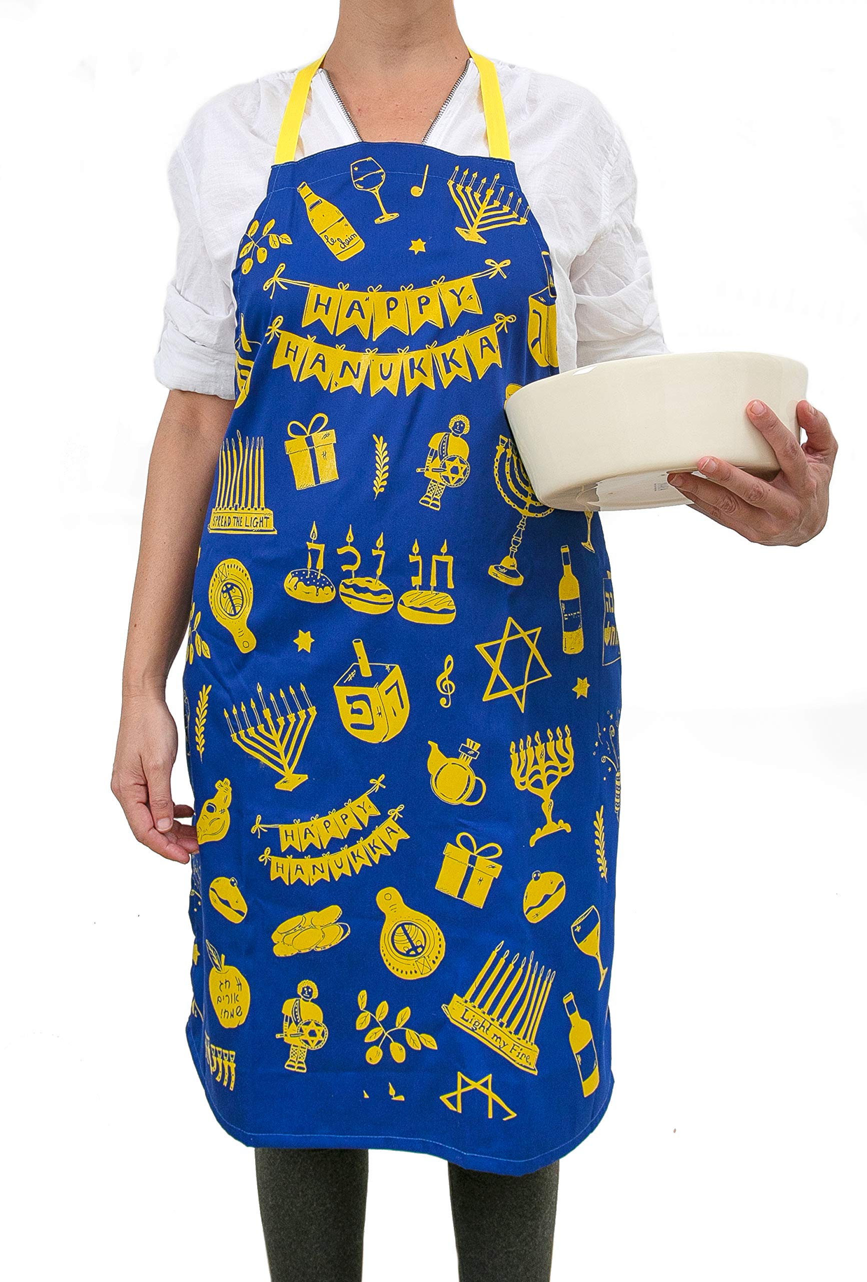 Hanukkah decorations Apron, great Hanukkah gift for women and men adds to Hanukkah décor - menorah, dreidel, gelt. Blue cotton mix kosher apron, gift packaged easy wash sewn in Jerusalem, Blue