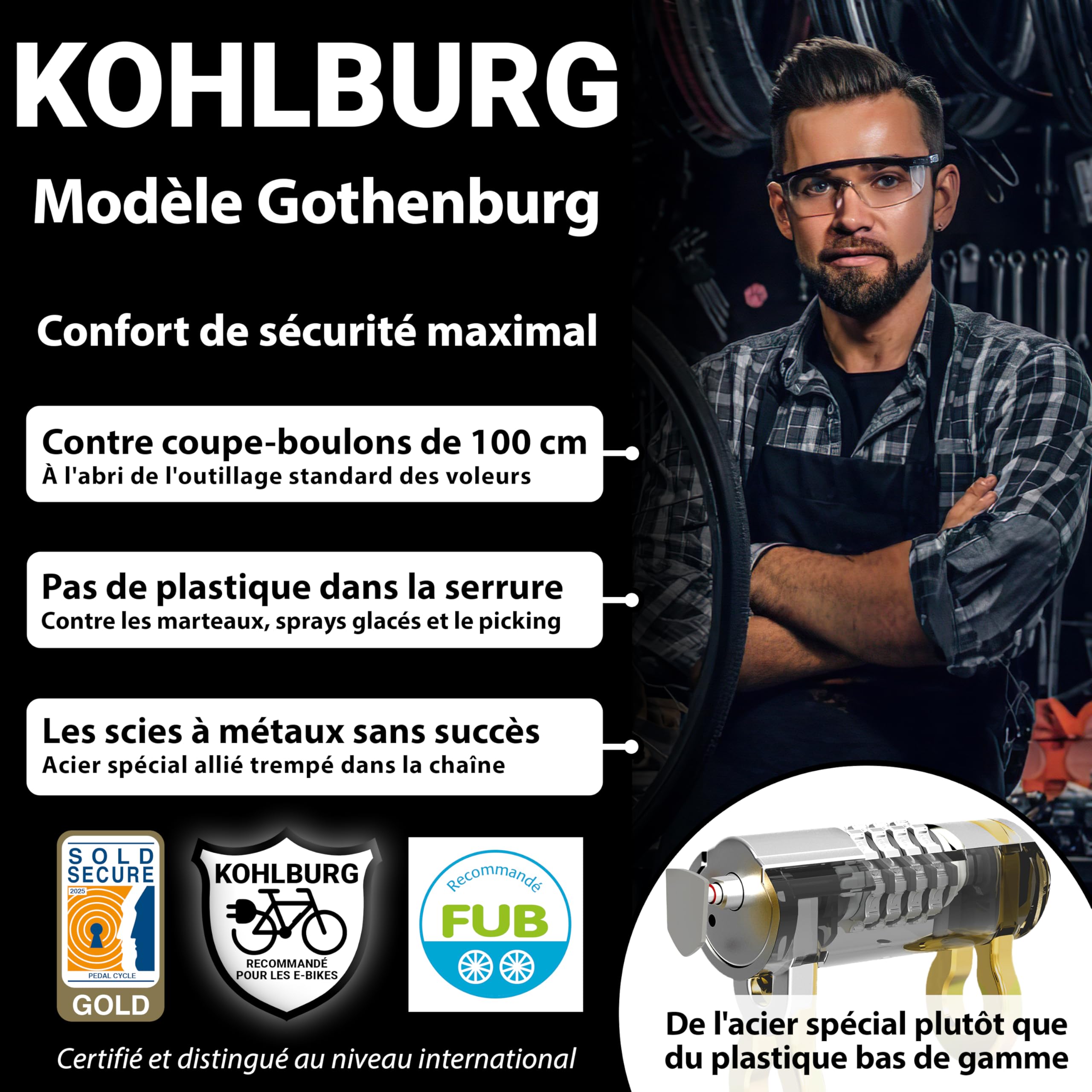 KOHLBURG Antivol vélo à combinaison [Sold Secure Gold & FUB 2 Roues] 110 cm | Cadenas velo homologué & sécurité maximale – Antivol avec code numérique, acier trempé de 8 mm – Pour vélo électrique et moto