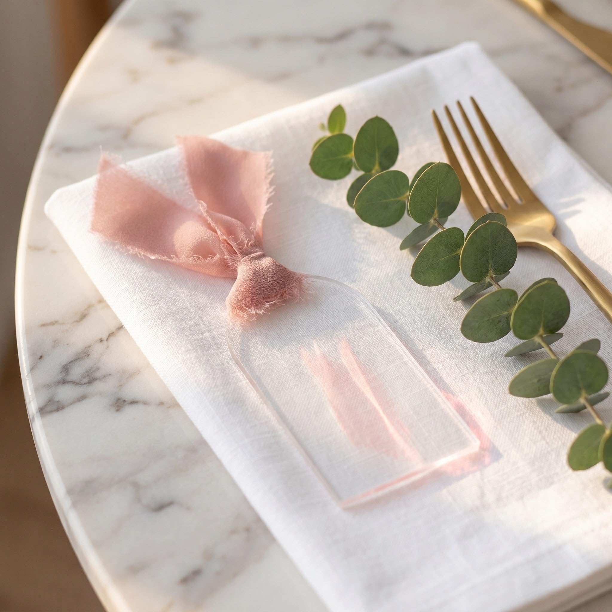 Artibetter 50 segnaposto in acrilico vuoti con nastro - 3,5x1,8" Etichette nominative trasparenti ad arco per allestimento tavoli di matrimonio, prenotazione posti, targhette con i nomi degli