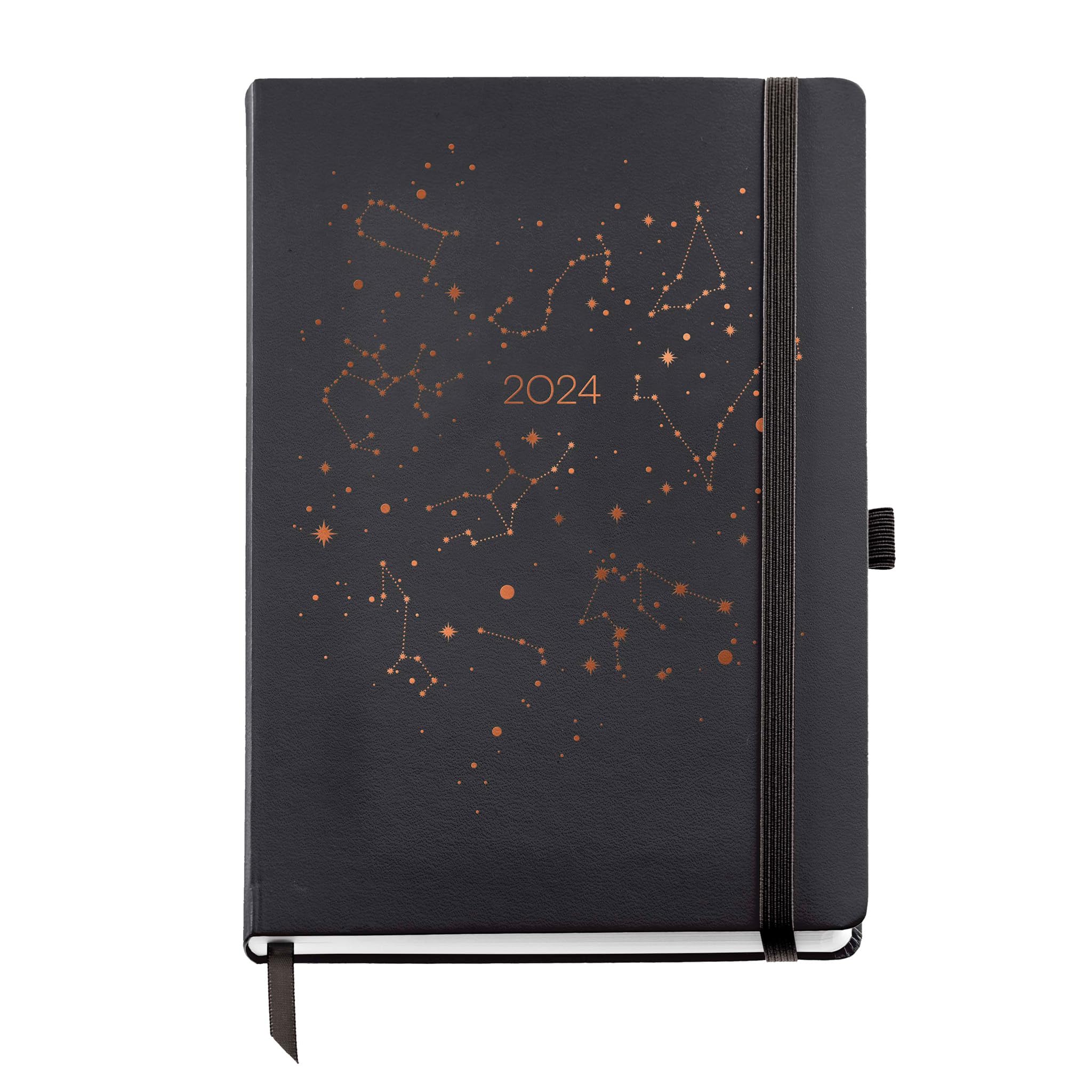 Miquelrius - Annual Diary 2024, Week to View, Plus Size 155 x 213 mm (similar A5), Hard Cover, Sewn, Elastic Closure, Catalan, English and Portuguese, Constellation with Copper Stamping