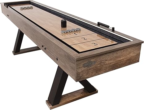 American Legend Kirkwood 9 Shuffleboard Table with LED Rails, Bowling Game Set, Rustic Wood Finish & Accessories Included