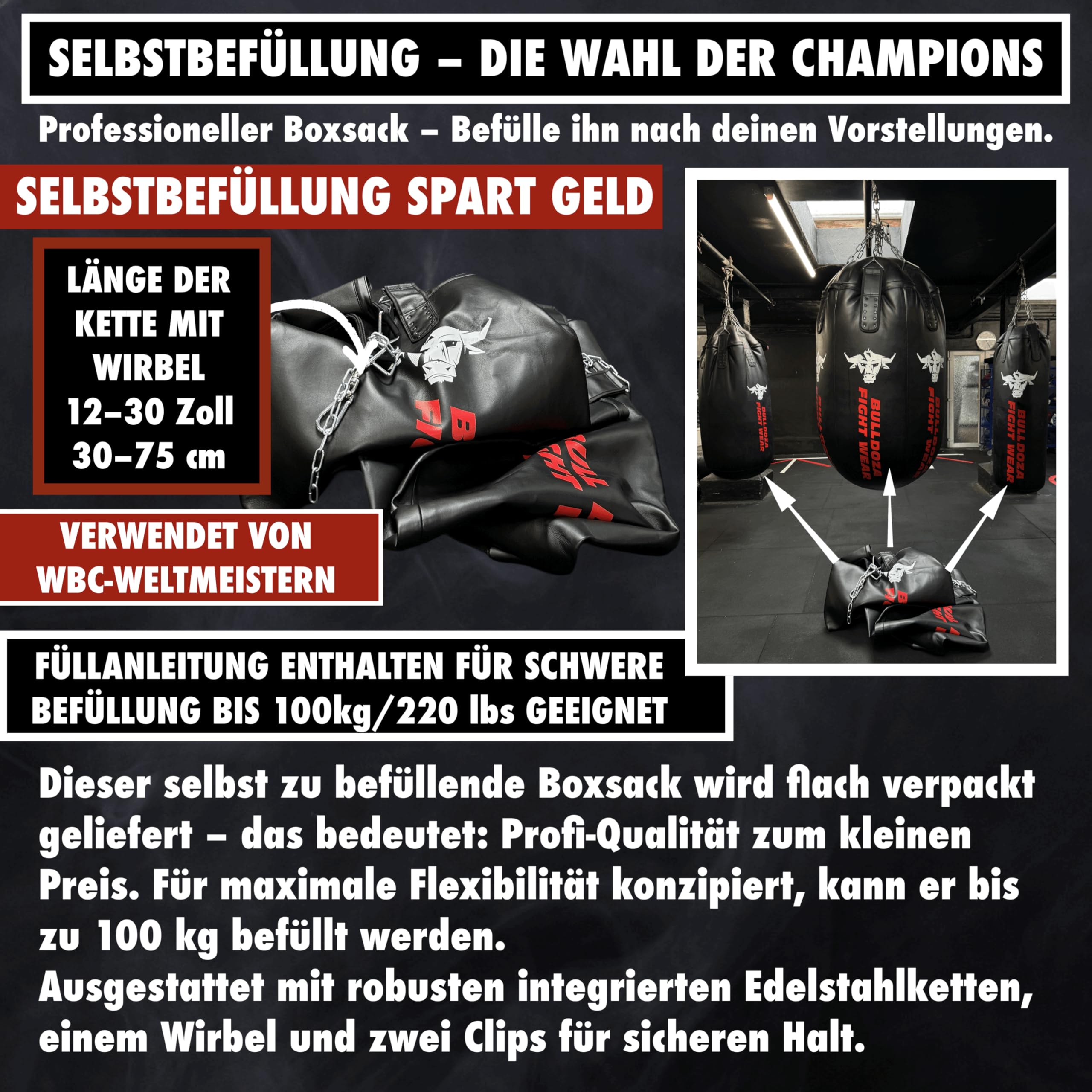 Jumbo Riesiger XXL Bull Doza Fight Wear Heavy Duty Self-Fill Punchingbag Boxsack mit Aufhängeketten, Drehgelenk, Karabiner, Boxsack für MMA, Kickboxen, Muay Thai, Kampfsport