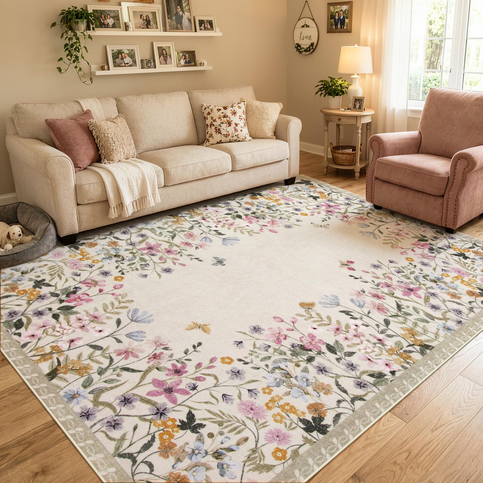 Photo 1 of Wonnitar 8x10 Washable Area Rug, Beige Floral Rug for Living Room, Boho Large Non Slip Bedroom Carpet, Low Pile Soft Nursery Rug, Farmhouse Dining Room Decor (8x10 Beige)