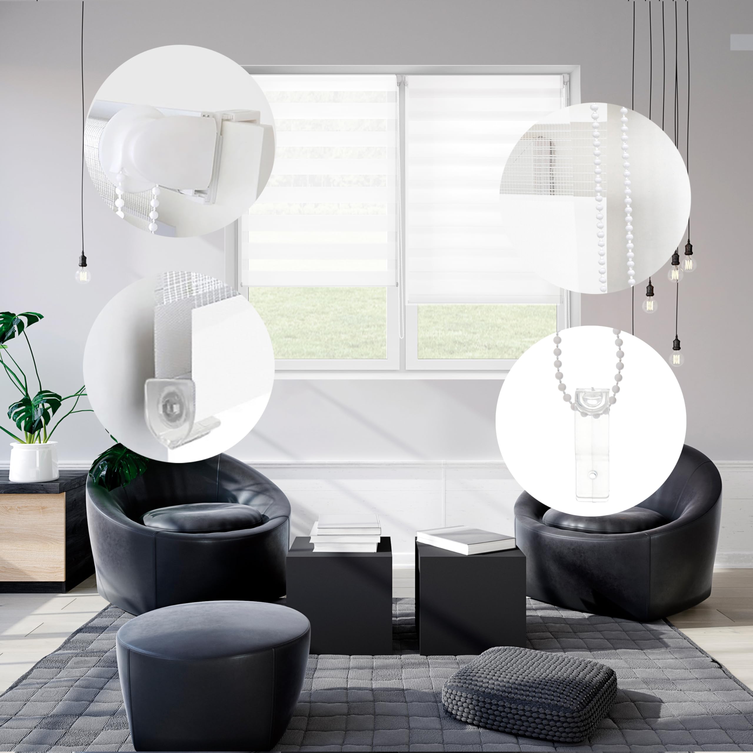 Blindecor Indus Sensa attrezzi | Tenda a rullo a doppio strato senza perforazione | Colore Bianco 45 x 150 cm (Larghezza x Altezza) | Dimensioni del tessuto 42 x 145 cm - 5
