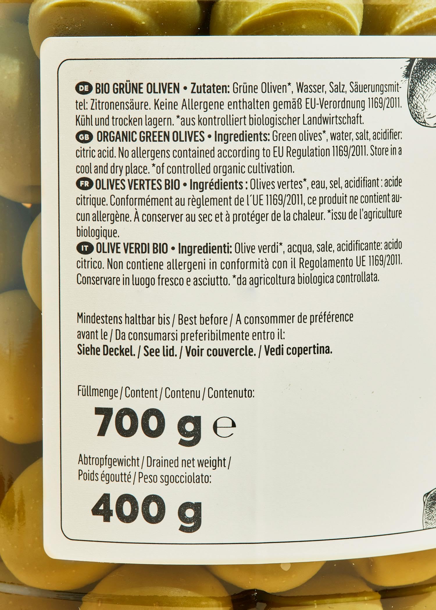 KoRo - Olives vertes Bio avec noyau 6 x 400 g - Sans conservateurs - Goût piquant intense - Grand format