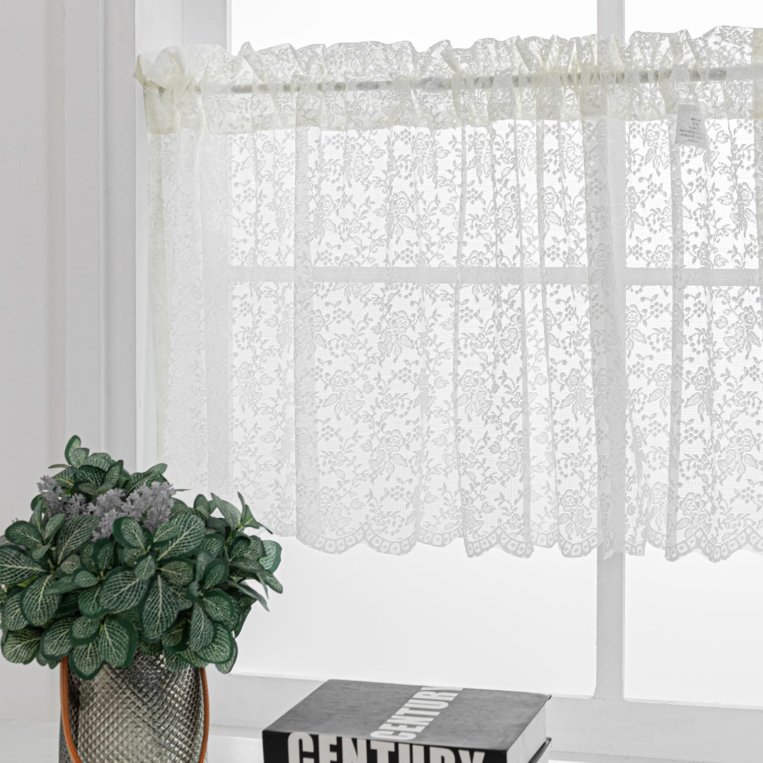 H.ebonyWhite Floral Rose Lace Sheer Window Curtain Valances 52x18 inch, Vintage White Lace Floral Knitted Semi Sheer Rod Pocket Curtain Valance for Kitchen Cafe Dinning Bath Room,1 Pcs