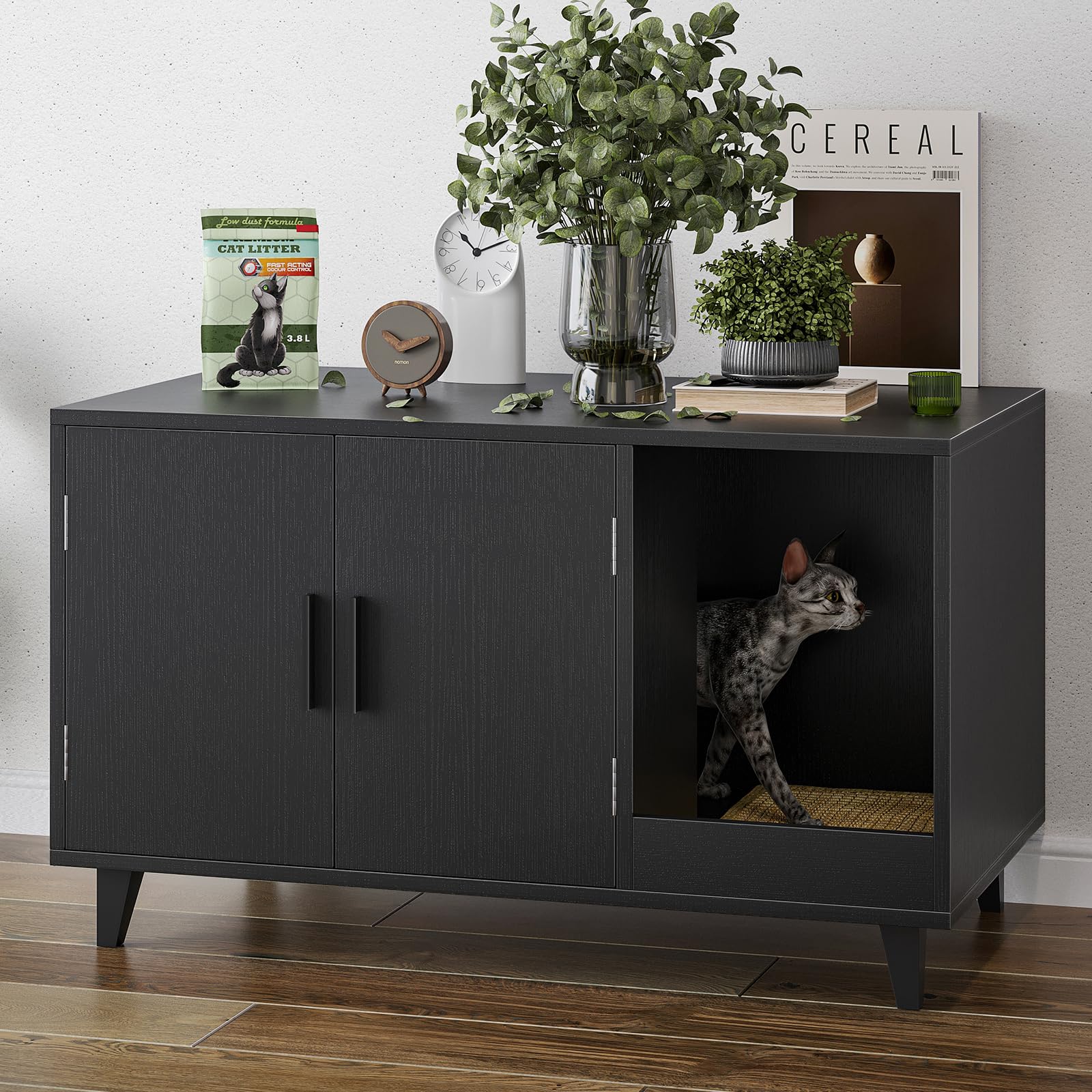 Photo 1 of Modern Hidden Cat Litter Box Enclosure Furniture with Scratching Pad for Living Room, Black