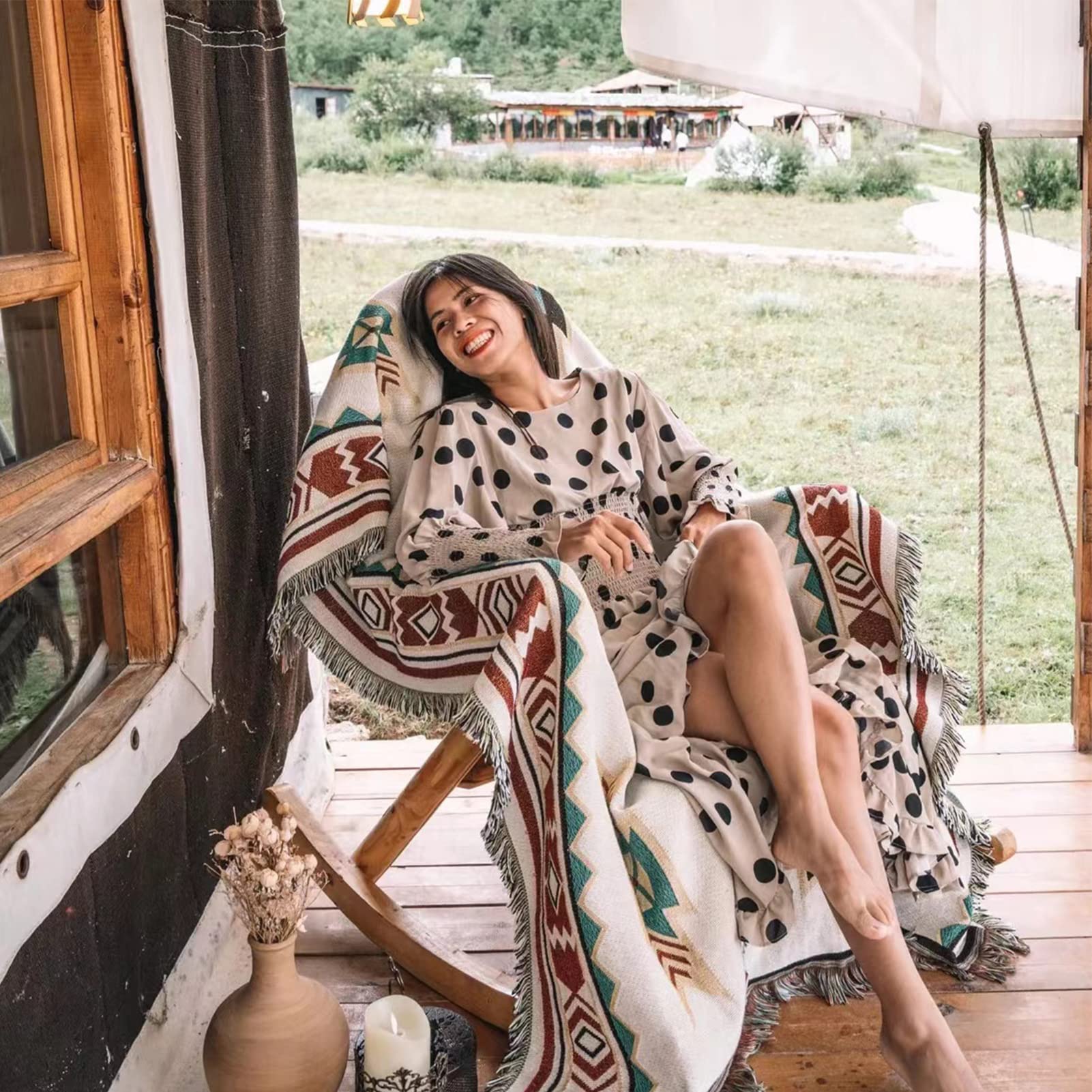 Elegancki pled, Navajo Aztecki etniczny narzuta na sofę, dzianinowy koc z frędzlami, dwustronna patchwork, do użytku wewnątrz i na zewnątrz, na kemping (wiele rozmiarów)