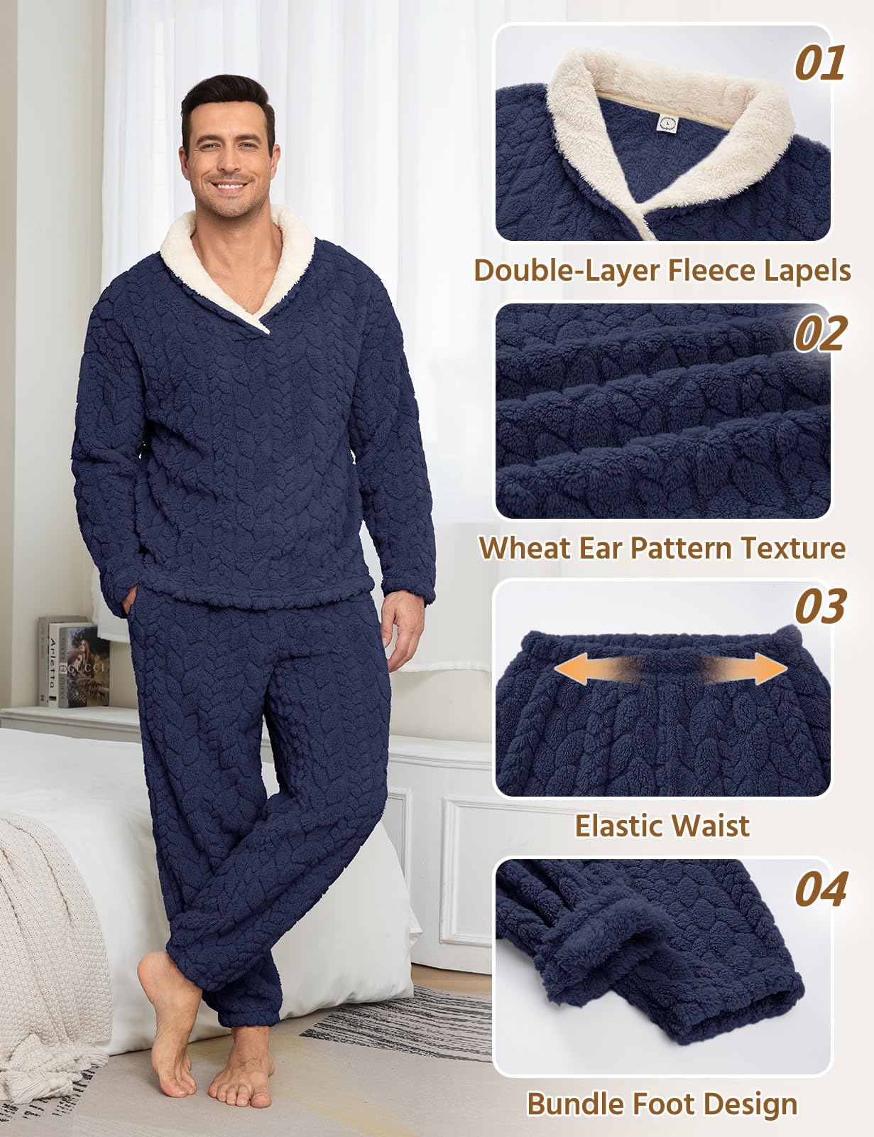 Lonya Schlafanzug Herren Lang Flauschig Winter 2 Stück Pyjama Set