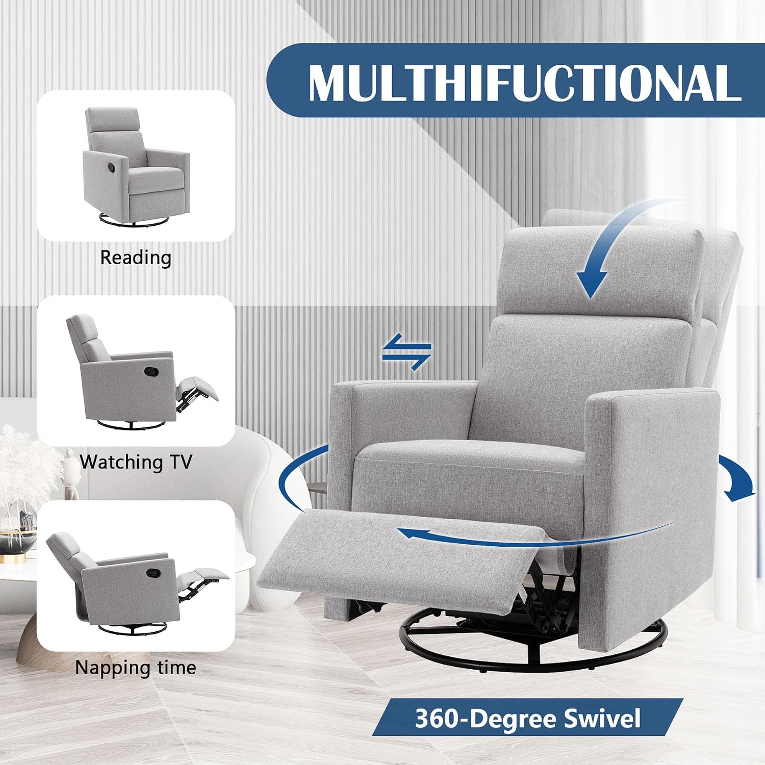 Majnesvon Linen Recliner Gliders for Nursery, Lazy Rocker Recliner Chair & Swivel Reclining Sofa Chair with Adjustable High Back, Upholstered Cushions,Metal Base (Gray)
