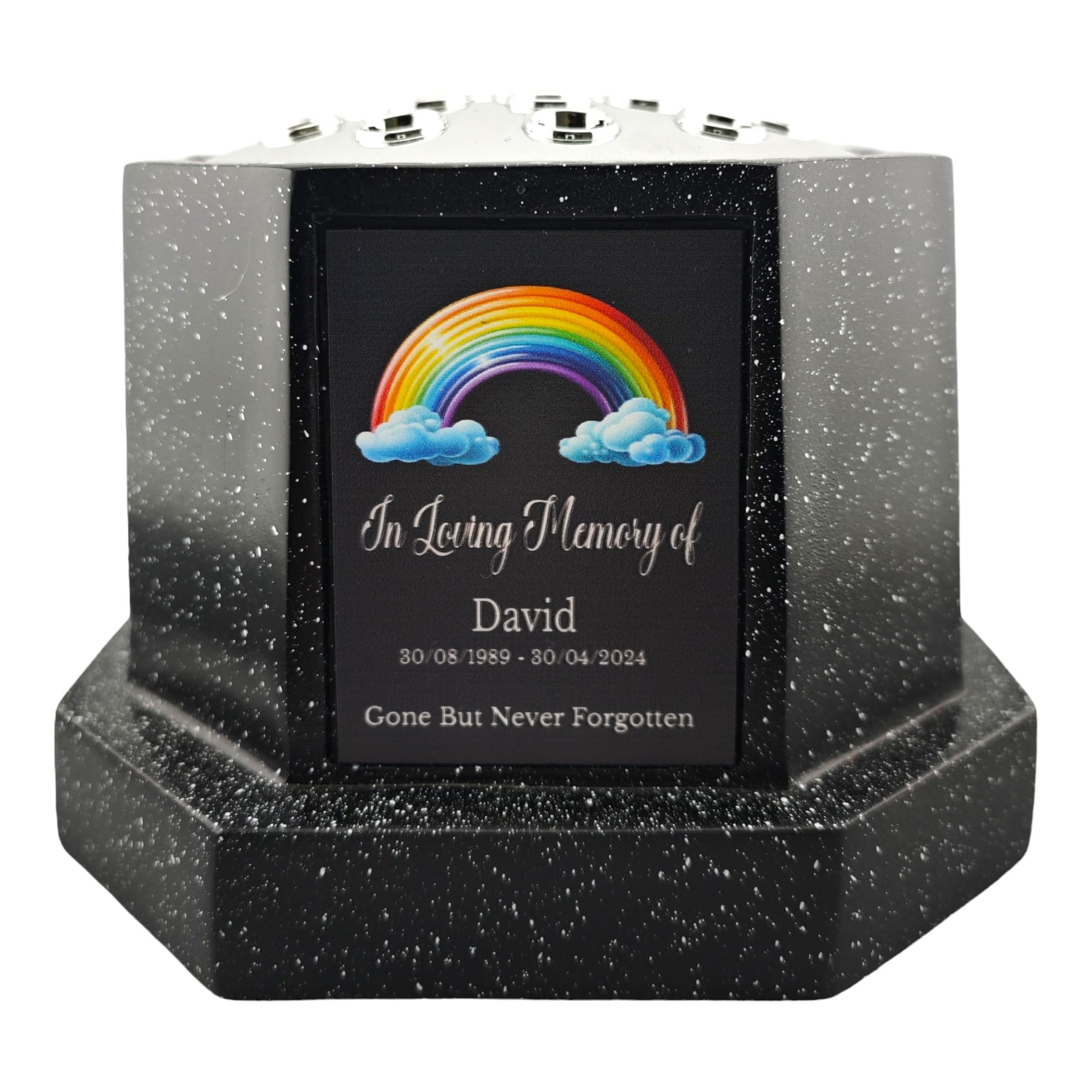 1stclassgifts Personalised Printed White or Black Memorial Rose Bowl Grave Marker Flower Pot Vase Rainbow Design (UV PRINTED) (Black, Silver Lid/Black Plate)