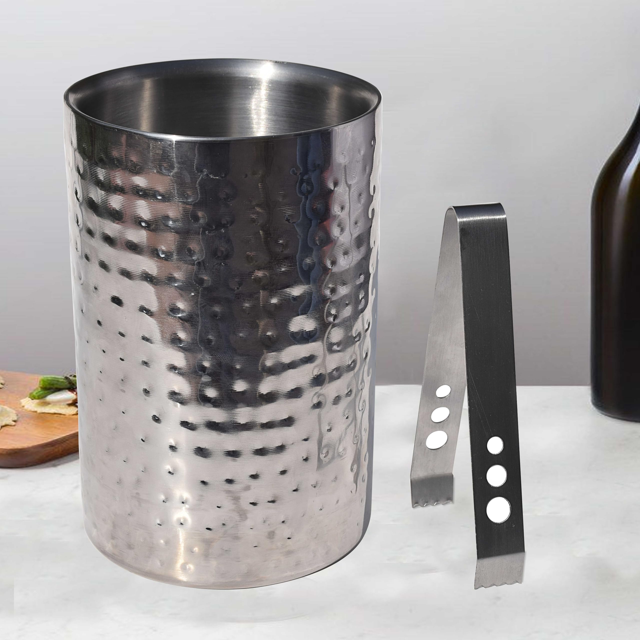 Pure Source India Stainless Steel Insulated Double Walled Ice Bucket with Hammered Design & Ice Tonge for Home Bar Accessories, Mini Bar (1400 ML)