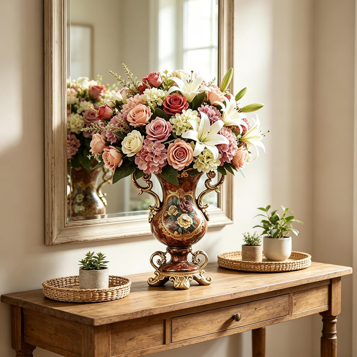 Vintage European Resin Vase, Golden Trim, Hand-Painted Flowers, Suitable for Living Room, Mantelpiece, Weddings, and Classical Home Decor