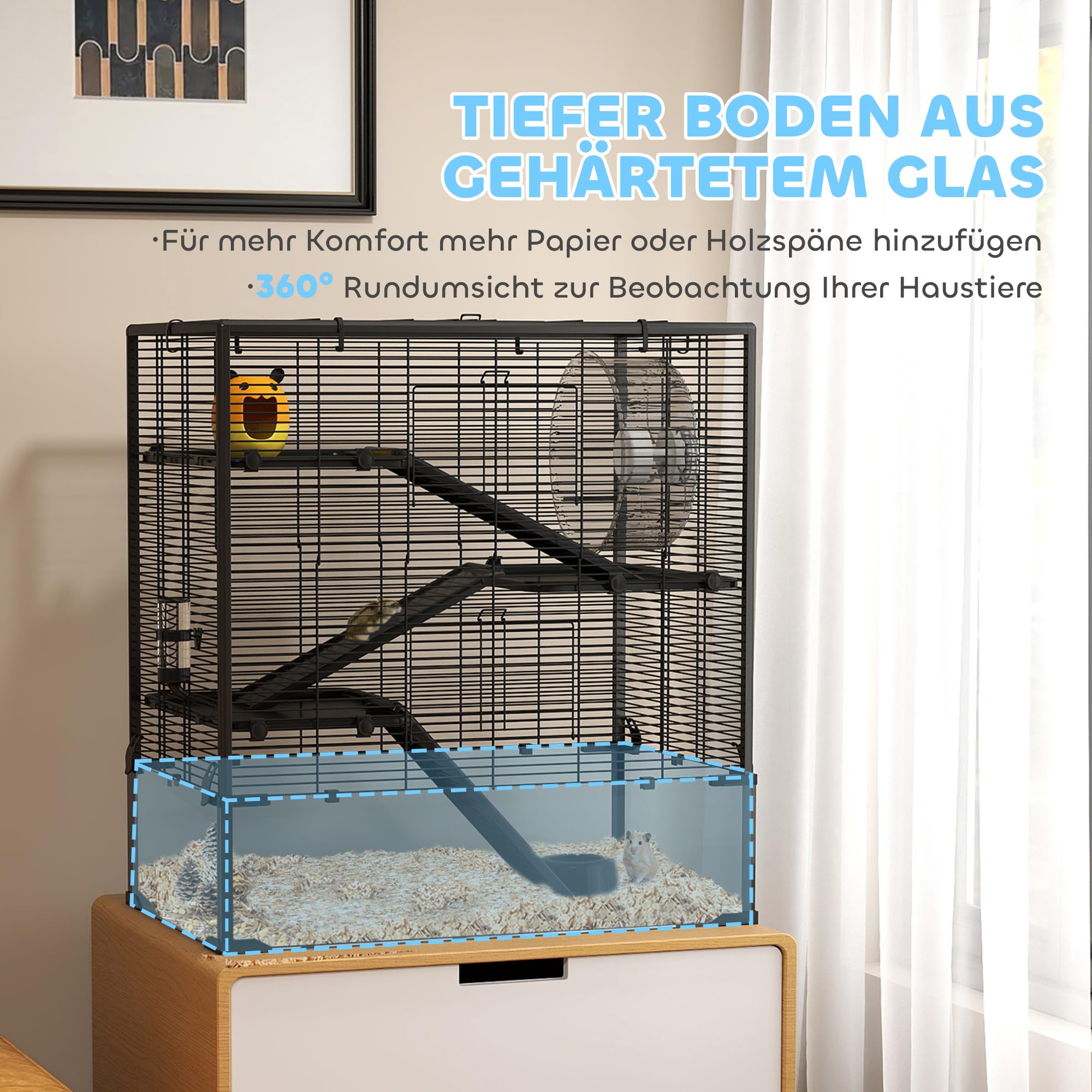 PawHut Hamsterkäfig für Zwerghamster 4-stufig Schwarz 78,5 x 48,5 x 80 cm | Kleintierkäfig mit Glasboden, Hütte, Nagerkäfig mit Laufrad, Rampen, Zwerghamsterkäfig mit Futterschale