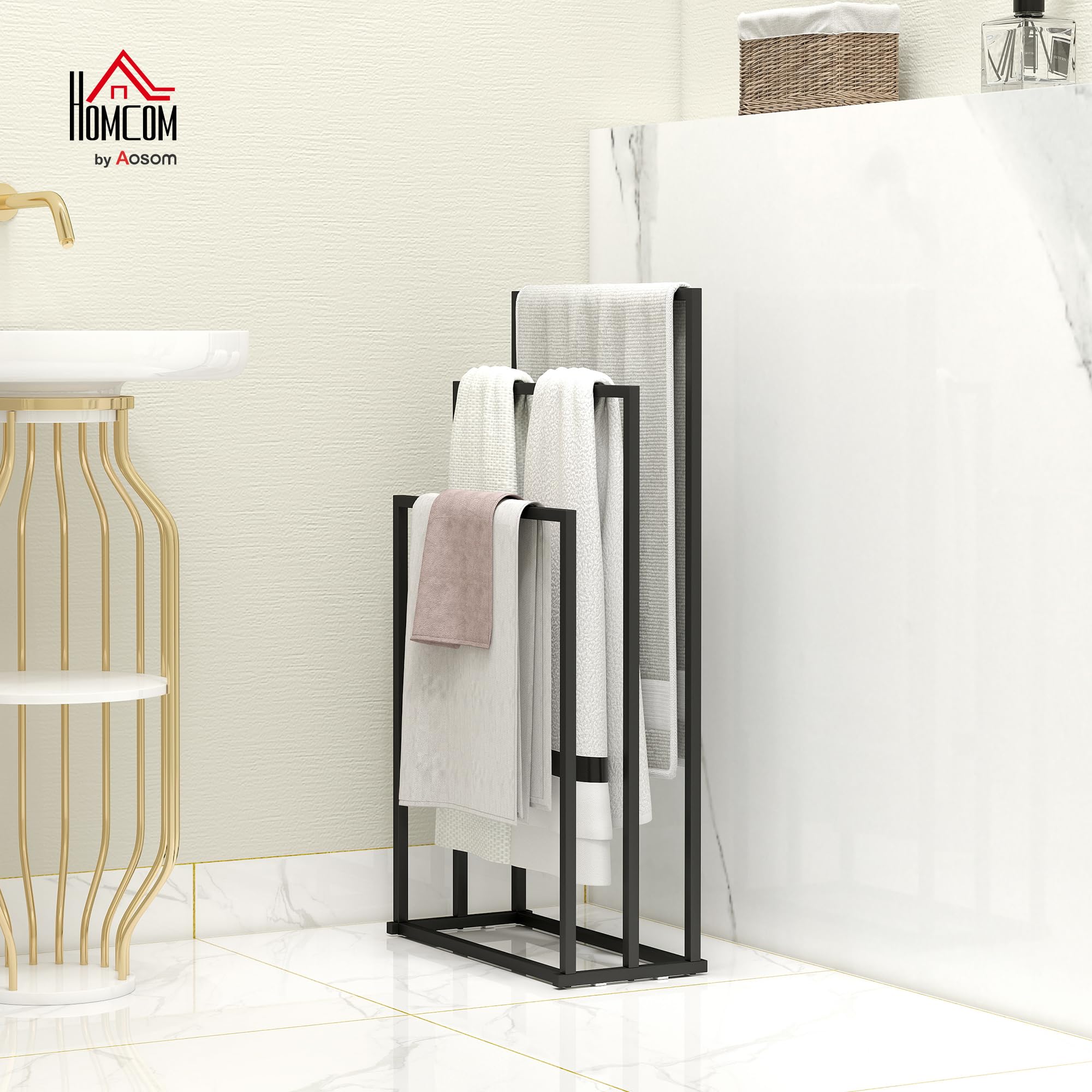 HOMCOM Portasciugamani da Terra 3 Bracci Autoportante 45x21.5x85 cm Nero | Porta Asciugamani per Bagno in Acciaio, Porta Salviette