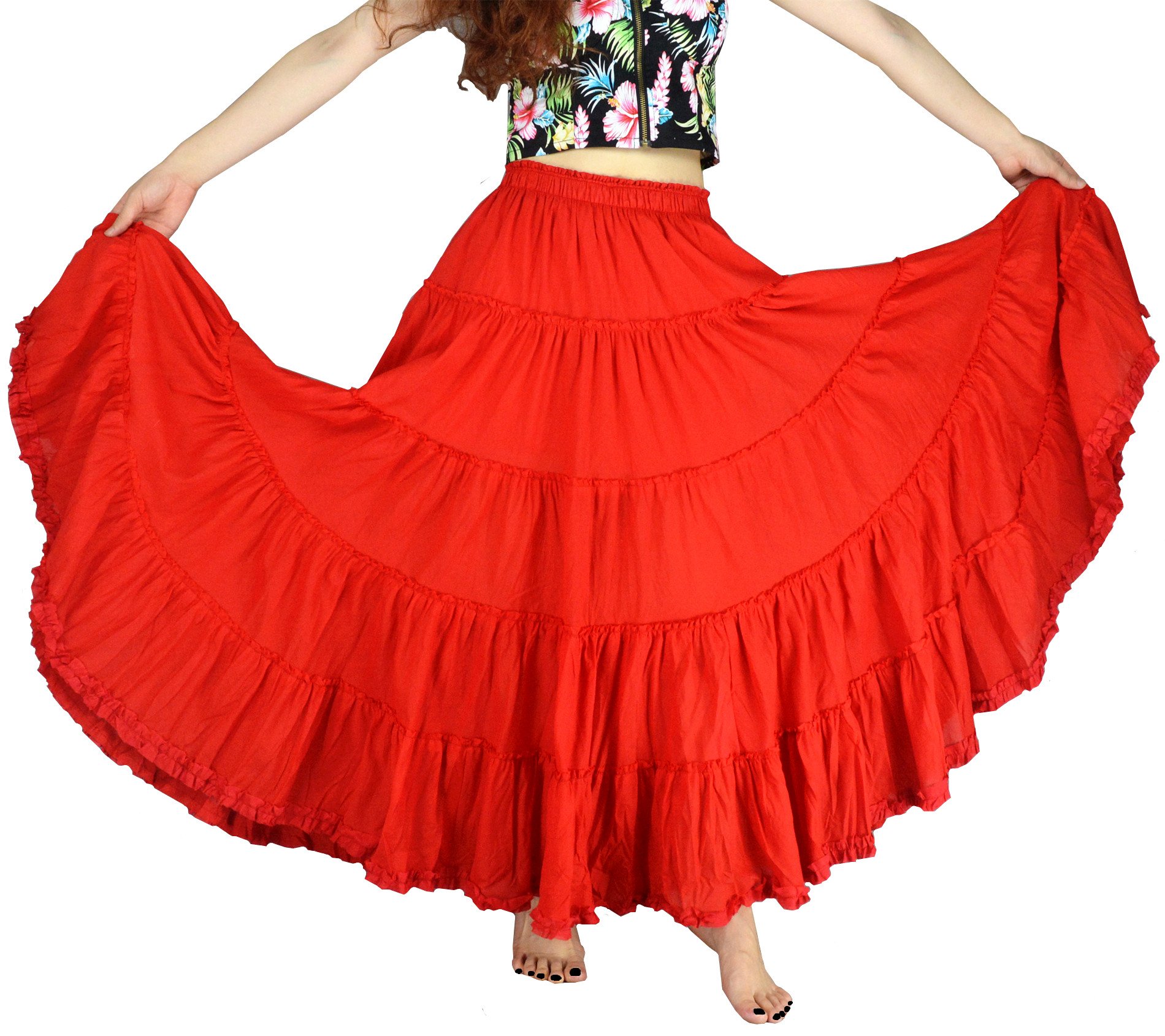 YSJERAWomen's Cotton 5 Tiered A Line Pleated Maxi Skirt Long Boho Gypsy Dance Skirts