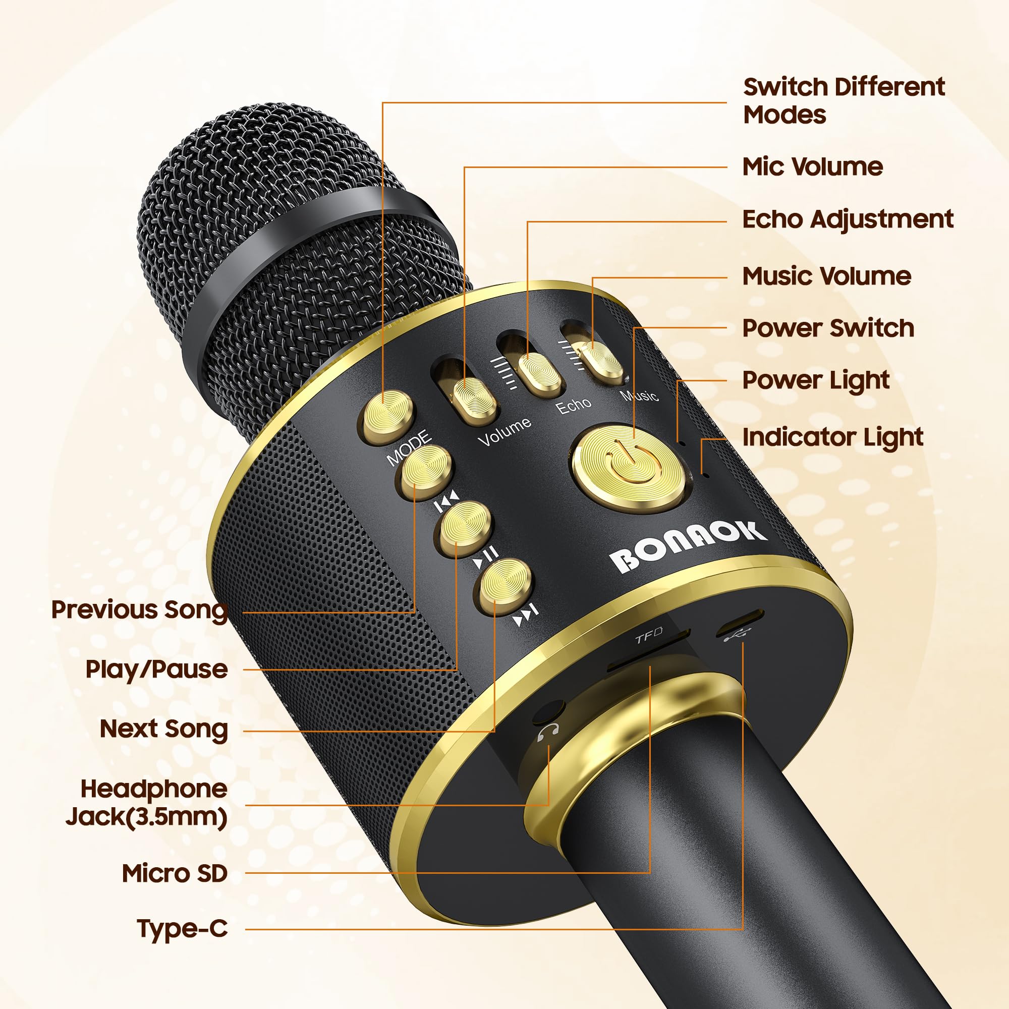 BONAOK Microphone sans Fil Karaoké, Microphone Bluetooth Lecteur Enregistreur Mini Karaoké Enfant Fête Familial pour Appareil Intelligent Android/iOS-Noir