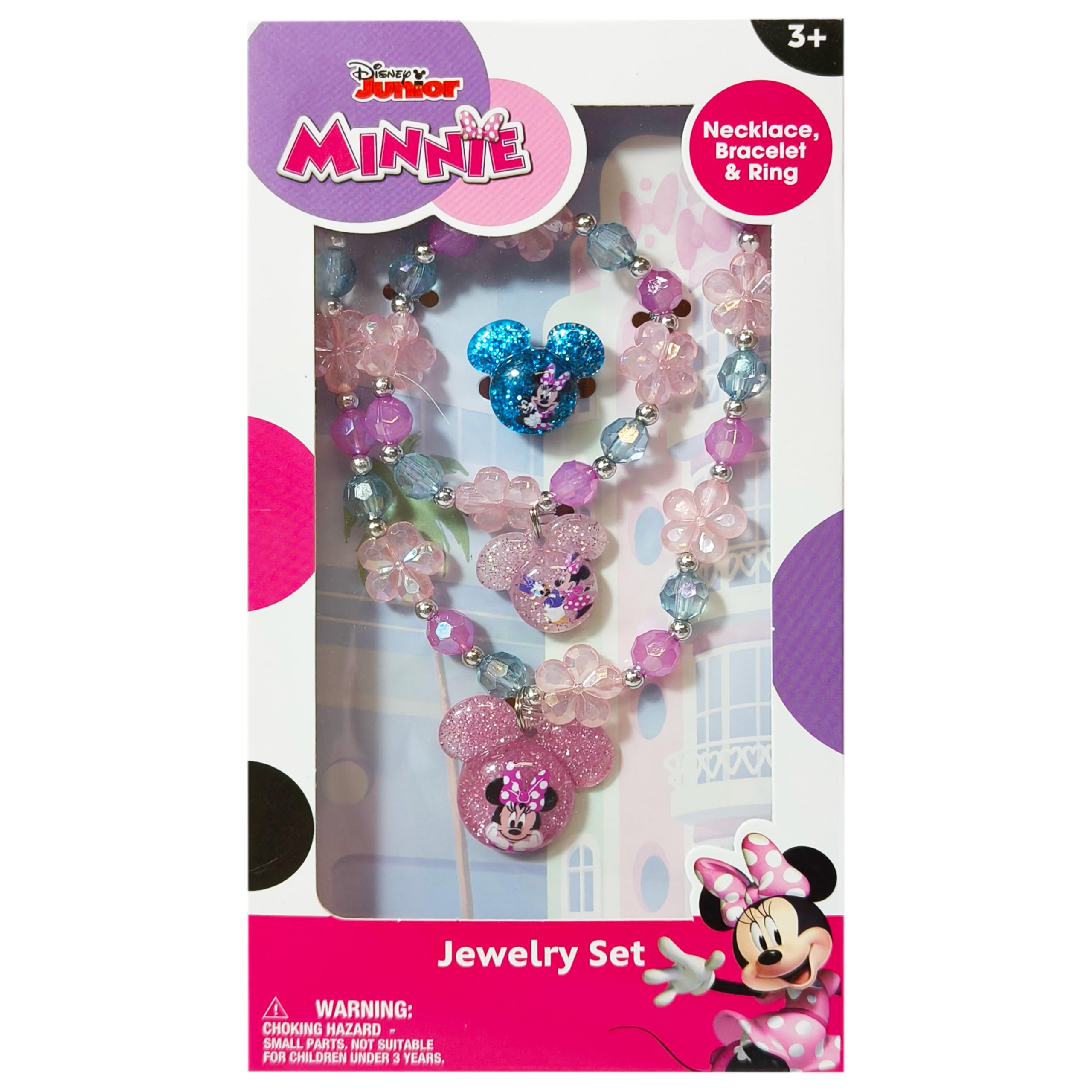 LUV HER Disney Minnie Girls Jewelry Set - Dress up 3 Piece Toy Jewelry Box Set with Bead Necklace, Bracelet and Ring - Play Accessories - Ages 3+