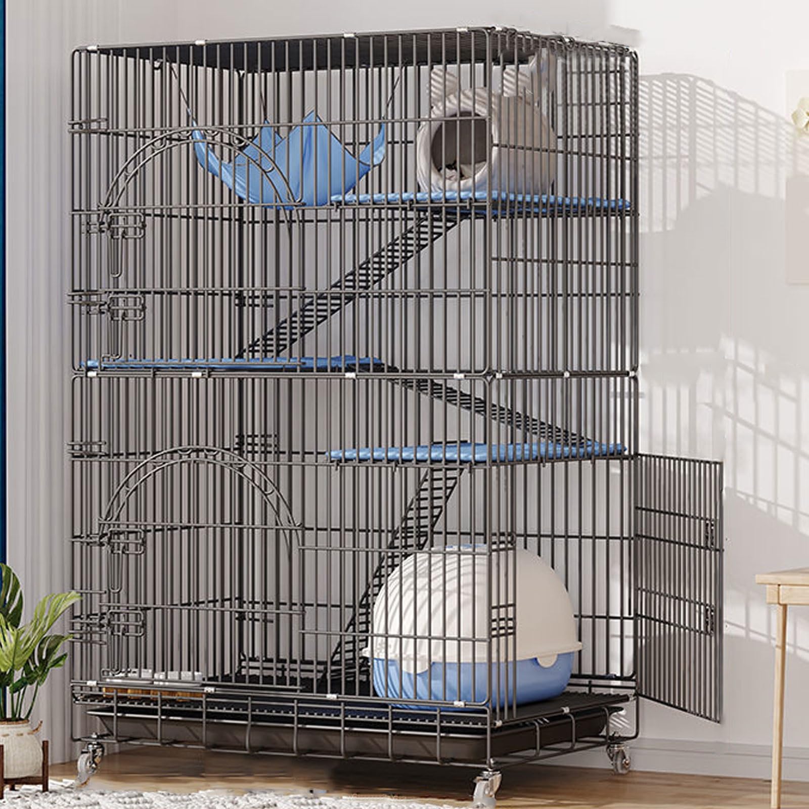 asdchZen Cat Crates For Indoor Cats With Litter Box,Foldable Thick Wire Cat Cage,Small Animal Pet Playpen With Door,Rabbit,Guinea Pig Cages,Kitten Playpen,Black-4 layer