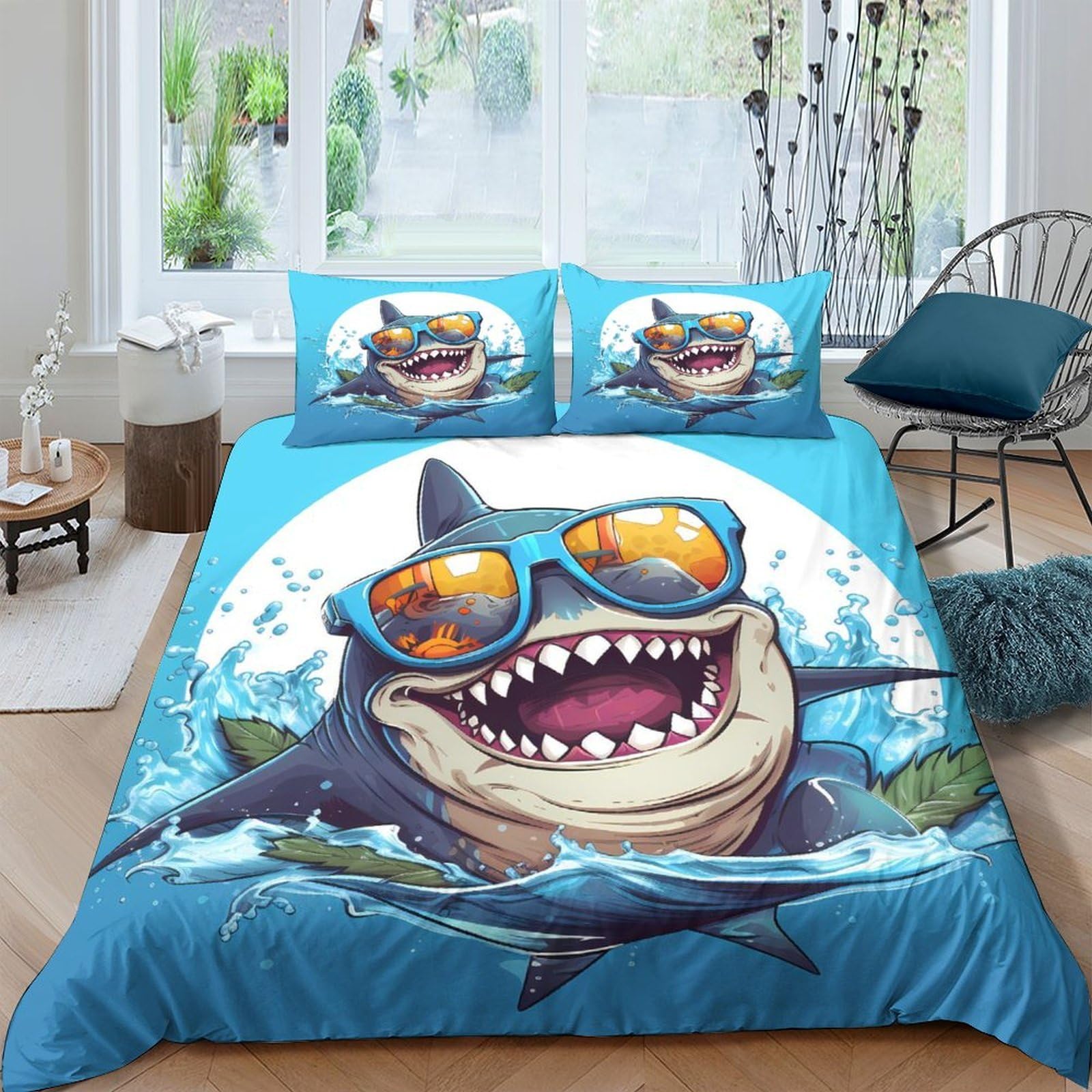 Ctjqhvkz Style-3 3D Printed Cartoon Shark Fitted Sheet Microfiber Blue Ocean Sunglasses Bed Cover For Bedroom Dorm Mattress Decor Single（135X200cm）